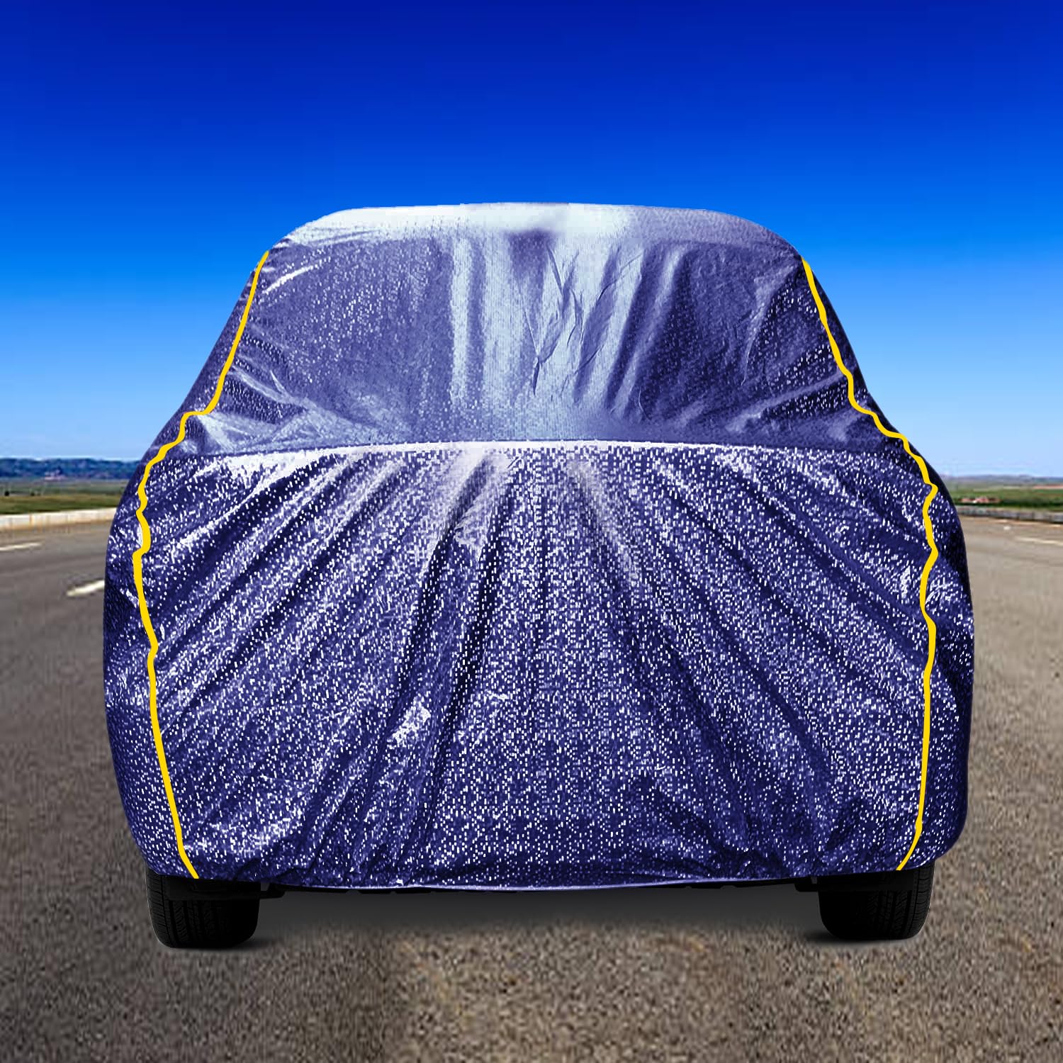 AUTOBIRSA Waterproof Car Body Cover for Hyundai Exter Car Cover with Mirror and Anteena Packet Fully Sefty Car Cover (Oxford Fabric & Mattellic Blue with Yellow Piping) 2