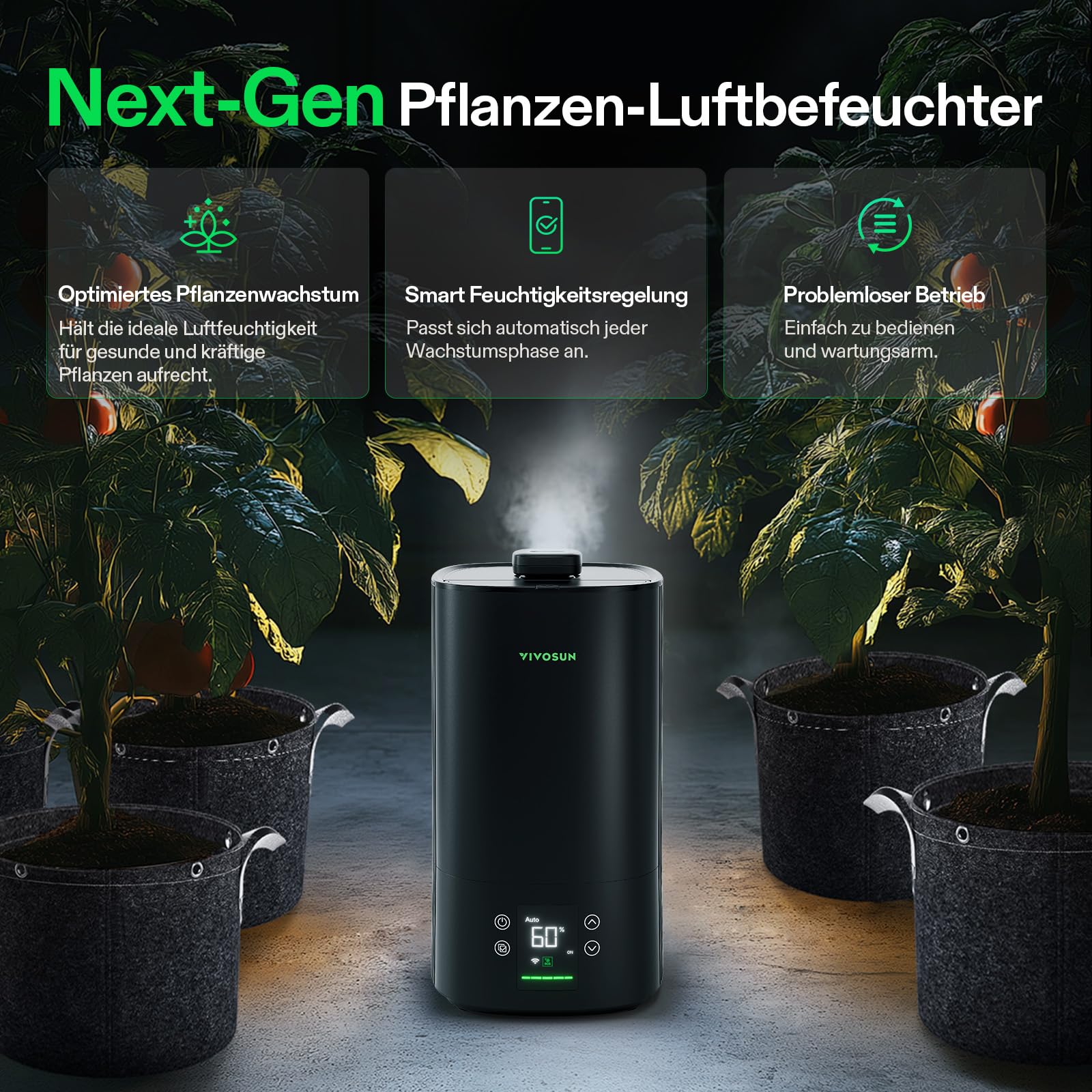 VIVOSUN Smart Humidifier 5L AeroStream H05 VPD Steuerung 24dB Leise 360° Cool Mist Top-Fill Ultraschall für Growzelte