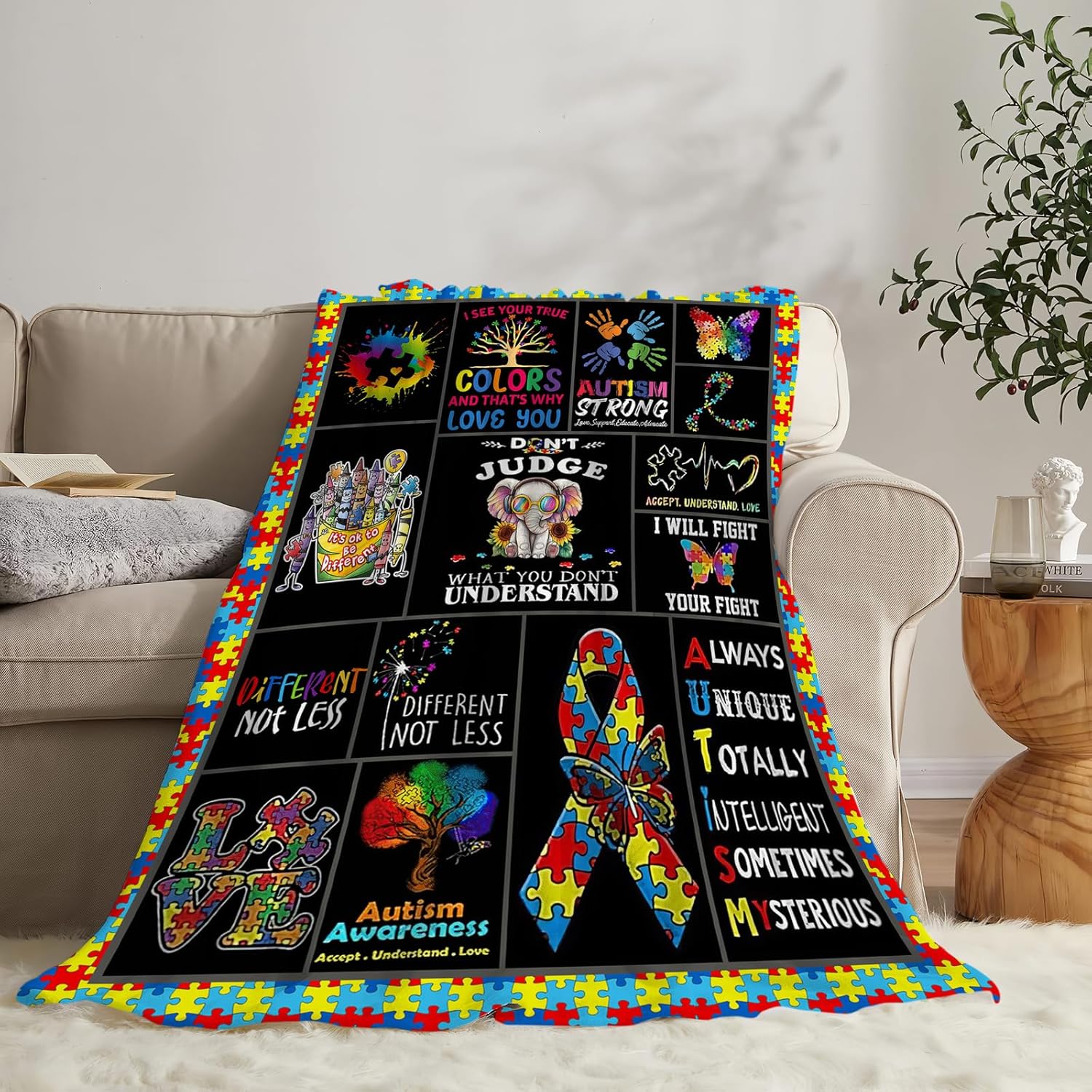 reoqeosy Autism Blanket Autism Awareness Throw Blankets Cozy Plush Flannel Autistic Blanket Gifts for Girls Boys Bed Decor 80"x60"