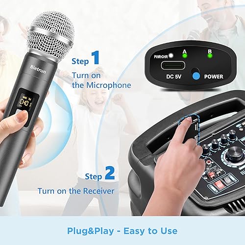 Miniatura 2 de Bietrun Micrófono inalámbrico, UHF de mano único inalámbrico de metal dinámico con receptor recargable, salida de enchufe de 14 pulgadas, para