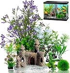 Aquarium Decorations Plants, 9Pcs Artificial Fish Tank Plants and Rock Decor Set, Fish Tank Accessories Fish Tank Decor, Aquarium Decor Fish Tank Plastic Plants (8cm-20cm)
