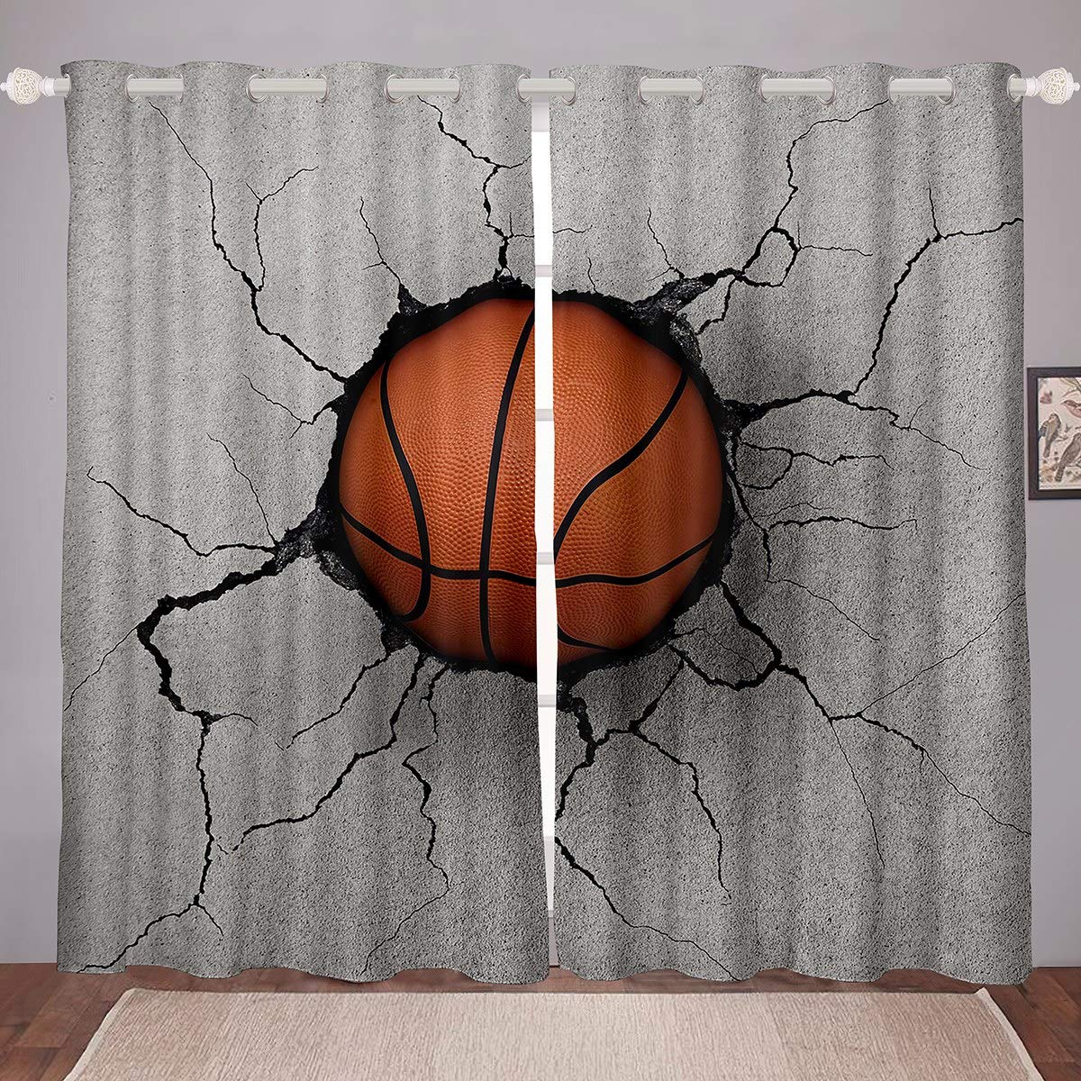 Tbrand Ragazzi Basket Finestra Trattamenti per Bambini Bambini Uomini Sport Tema Tende 3D Ball Pattern Blackout Drapes Basket Con Grigio Rotto Parete Finestra Tende Decorazione Camera W46* L54