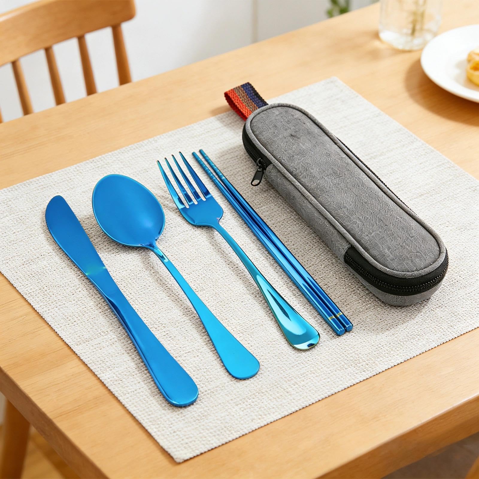 5 Pcs Portable Utensils Set, Travel Cutlery Kit with Knife Fork Spoon Chopsticks and Carrying Case, Reusable Flatware for Office Camping Picnic