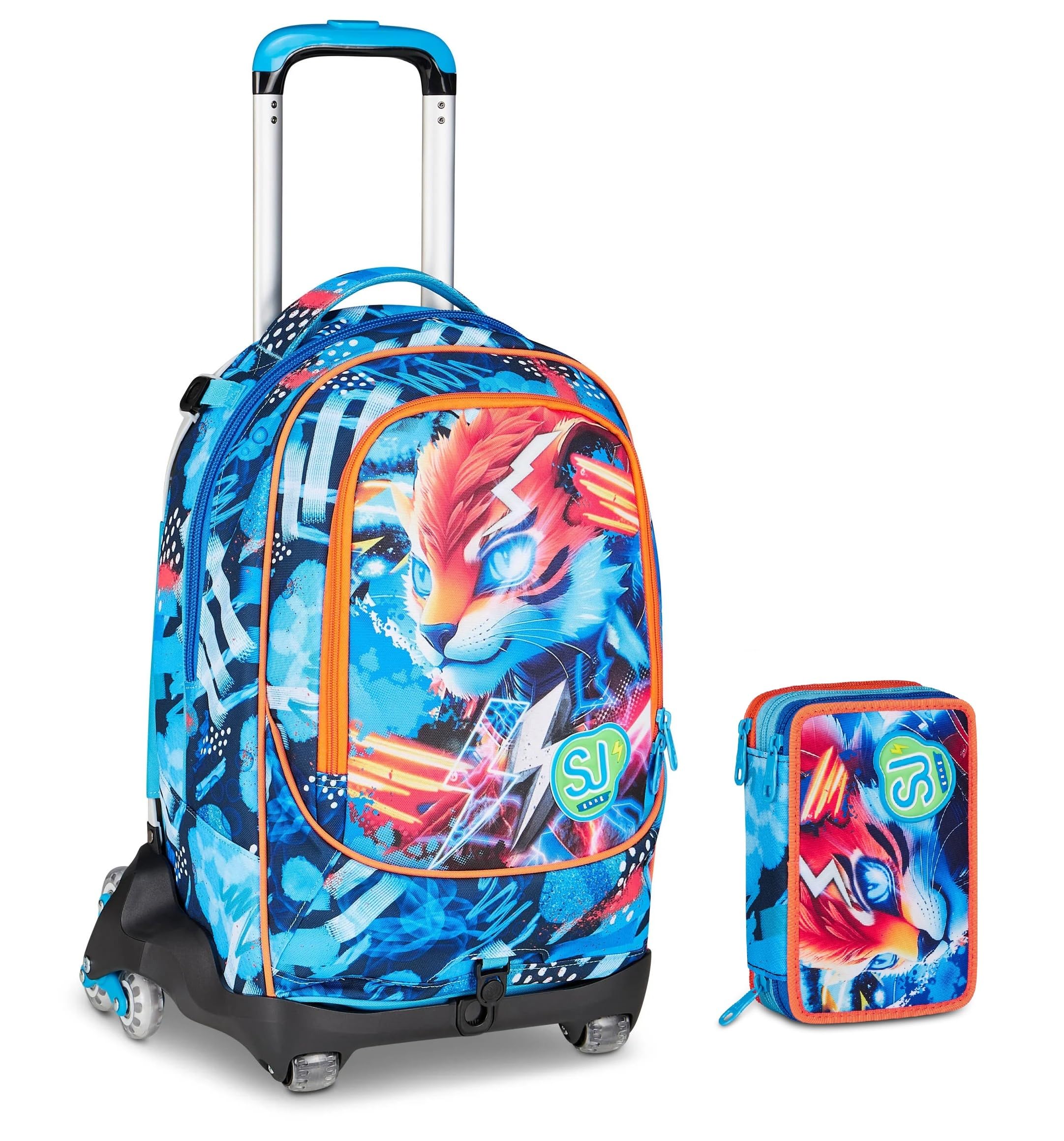 Trolley Scuola primaria Seven Sj Boy, 8 Ruote con zaino staccabile - Speed Animal Tigre, 3 in 1 per Bambino + Astuccio 3 zip con cancelleria + 7 penne a scatto e portachiave fischietto