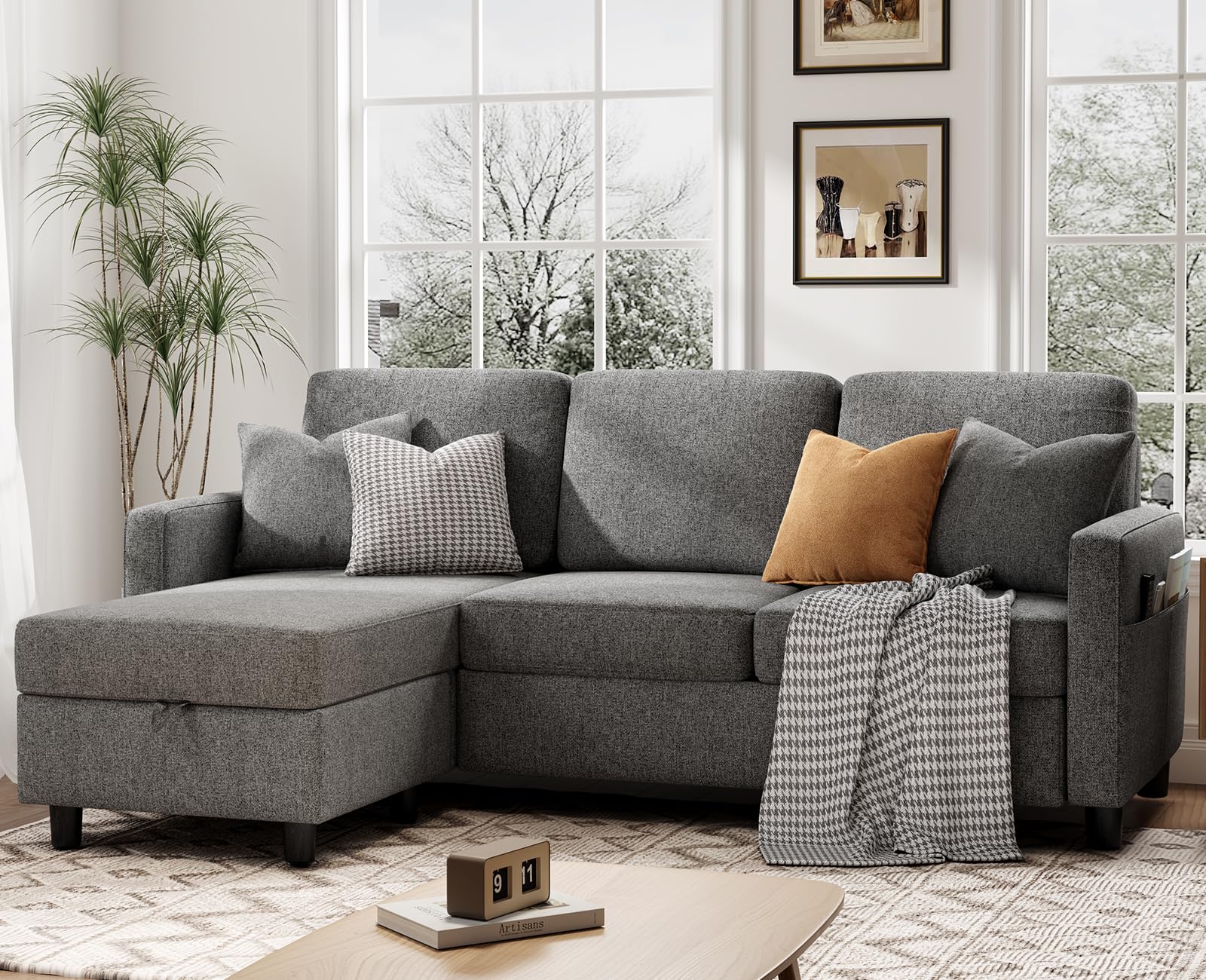 KKL Sectional Sofa, Convertible Couch with Movable Chaise, Storage Ottoman, L Shaped Couch for Small Space, Apartment Couch, Couches for Living Room, Linen, Grey