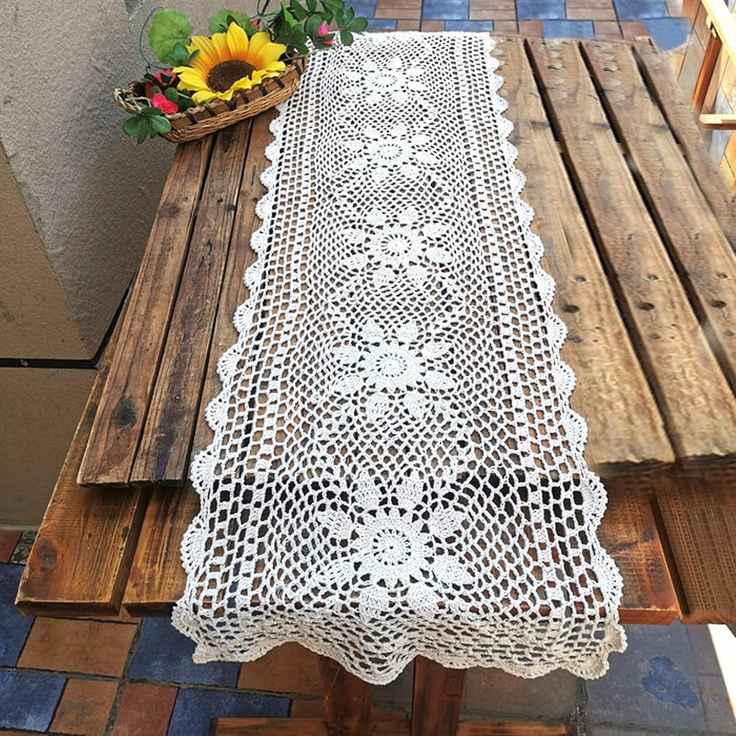 USTIDE Cotton Lace Crochet Table Runner 15.7"x35.4" Beige