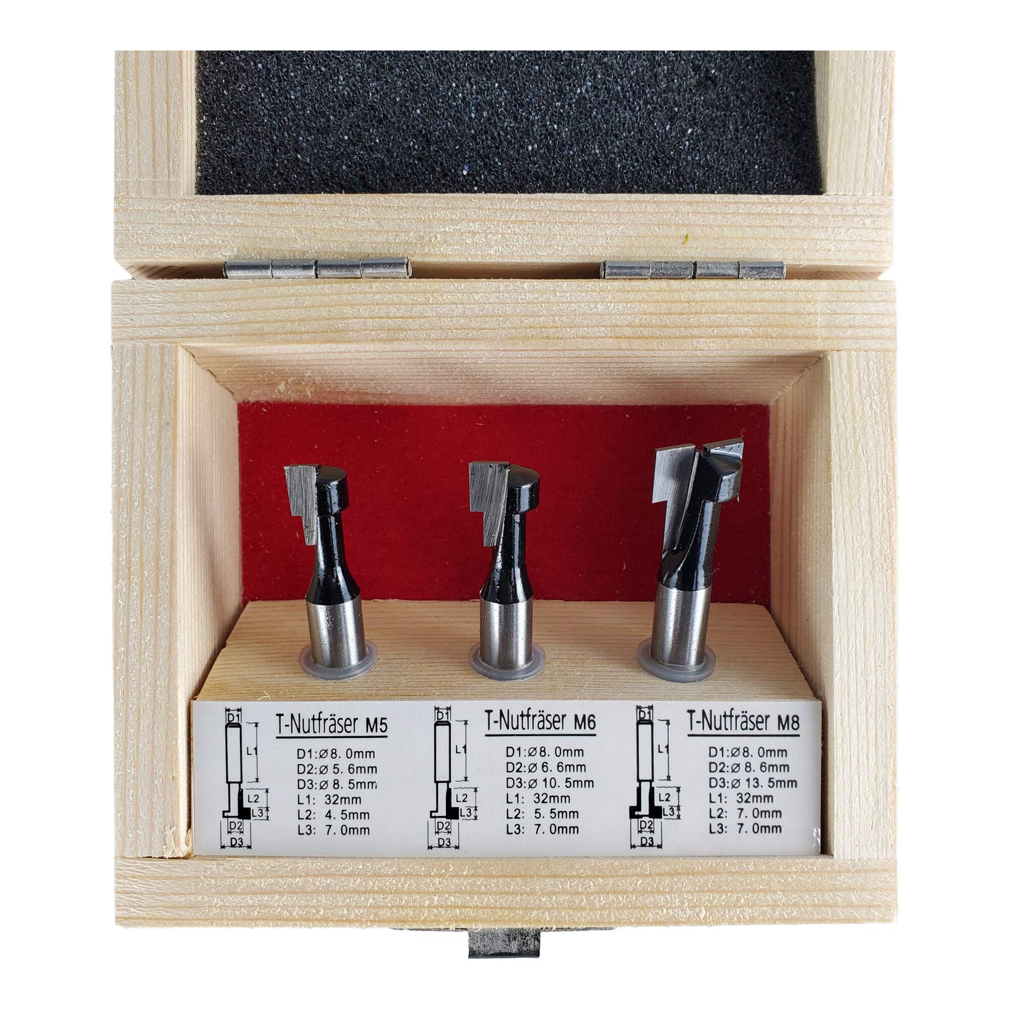 STIER Set di frese per scanalature a T, 3 pezzi M5 M6 e M8, gambo 8 mm, per fresatrici, frese per scanalature a T, fresa scanalatura T