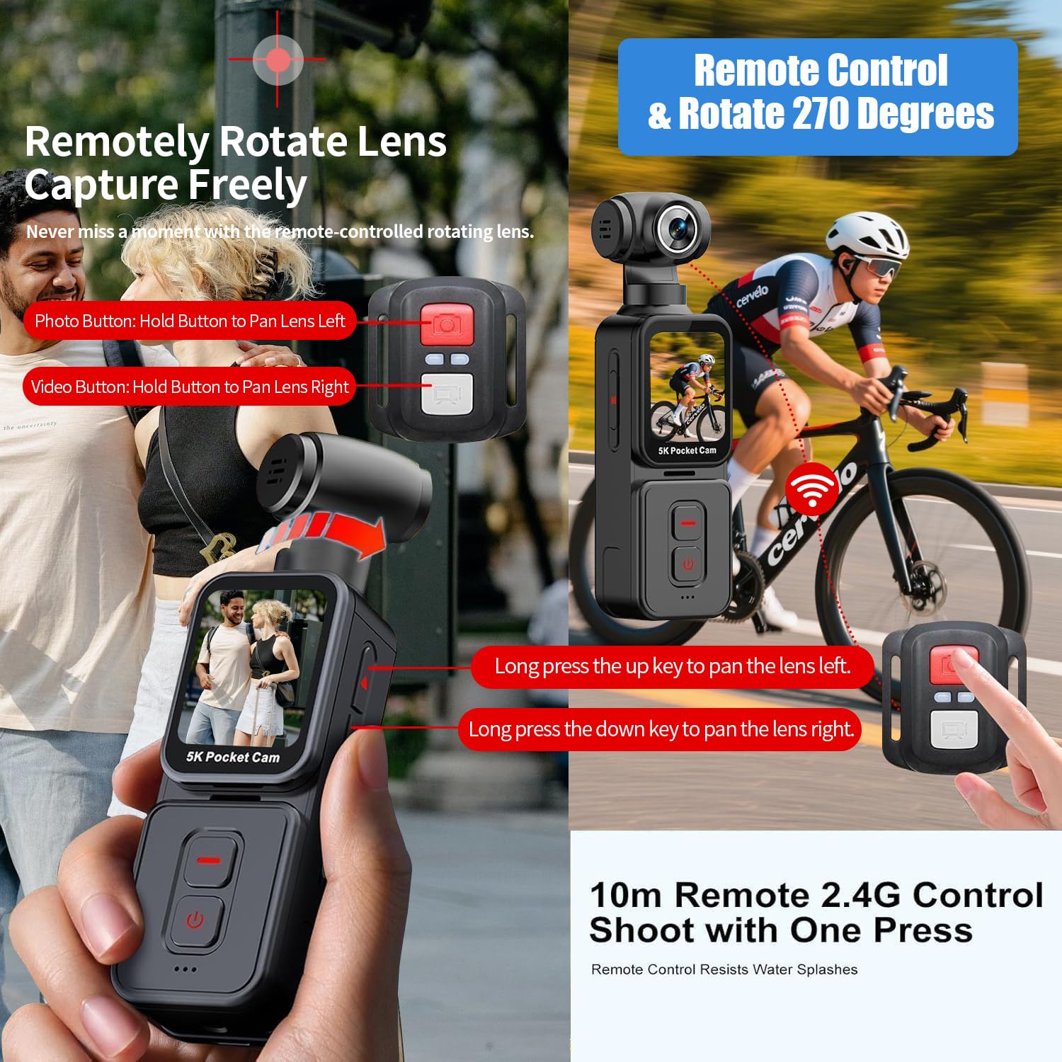 5K Handheld Action Camera, Portable Pocket Vlogging Camera with Image Stabilization, 270° Rotatable Wide-Angle Lens, Rotating Touchscreen, WiFi, Remote & App Control for Travel Sports (128G) — view 4