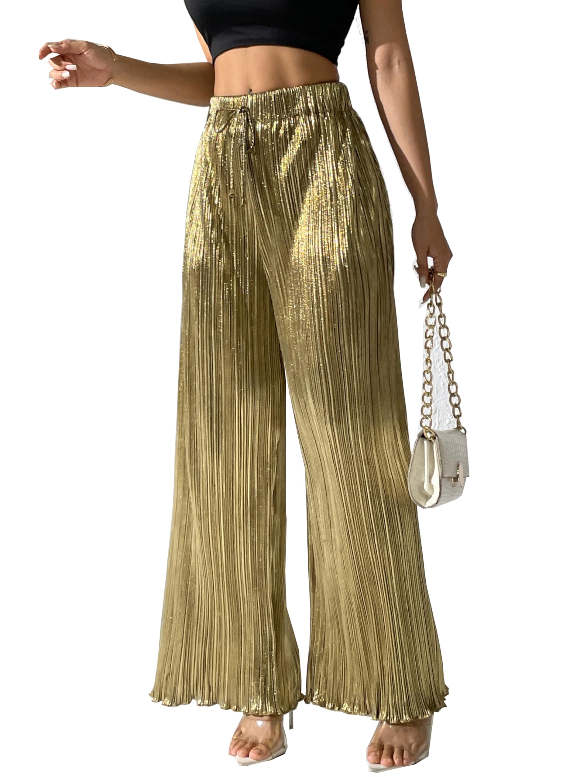 heipeiwa Womens Metallic Wide Leg Palazzo Pants Pleated Party Club Sequin Shiny Flare Pant Trouser