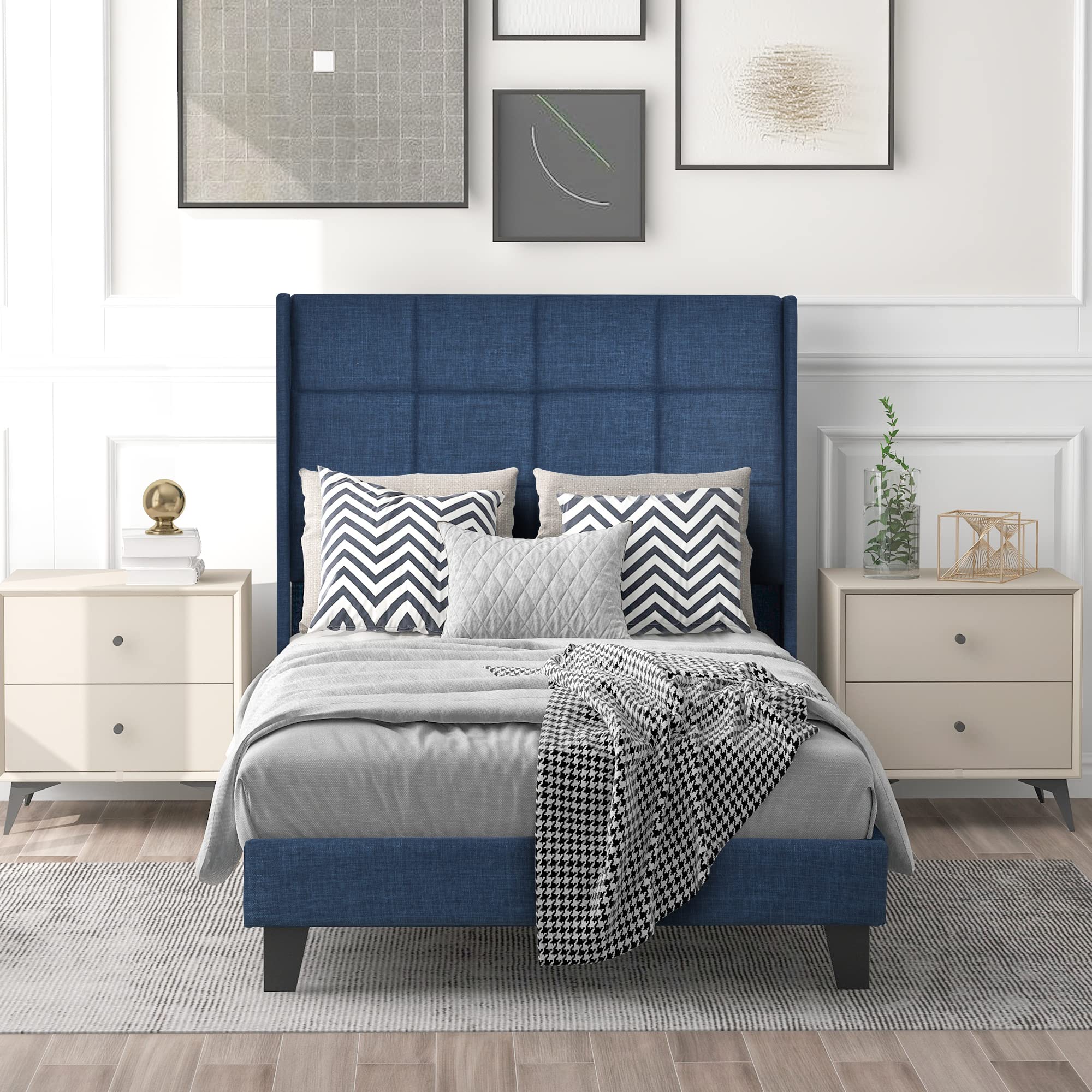 Merax Letto imbottito 90 x 200 cm, con rete a doghe, schienale in lino, delicato sulla pelle, Blu, letto singolo per adolescente (senza materasso)