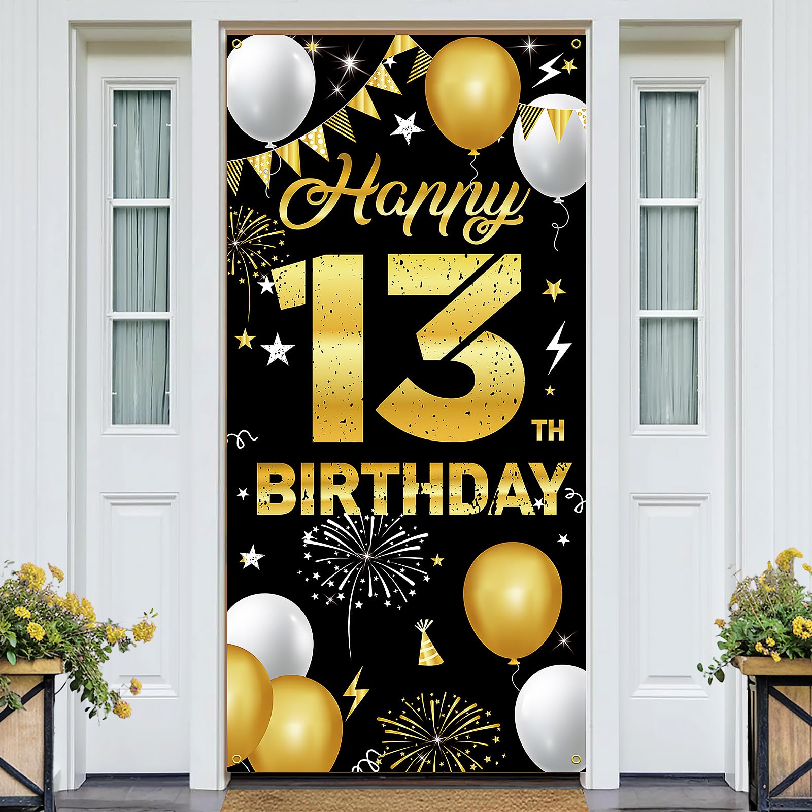 Photo 1 of 13th Birthday Door Banner – Official Teenager Party Decorations for Boys Girls, Happy 13 Birthday Fabric Door Cover Backdrop 3x6ft Black Gold HTDZZI