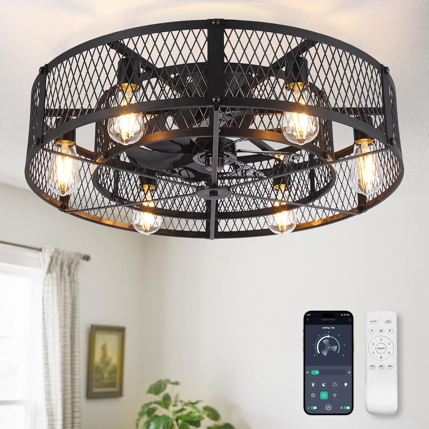 Caged Ceiling Fan with Light: 26 Inch Ceiling Fan with Remote APP Control Quiet DC Motor - Farmhouse Ceiling Fans Plastic Cage for Rustic Kitchen Bedroom (E26 Bulbs Included) Black 26 Inch