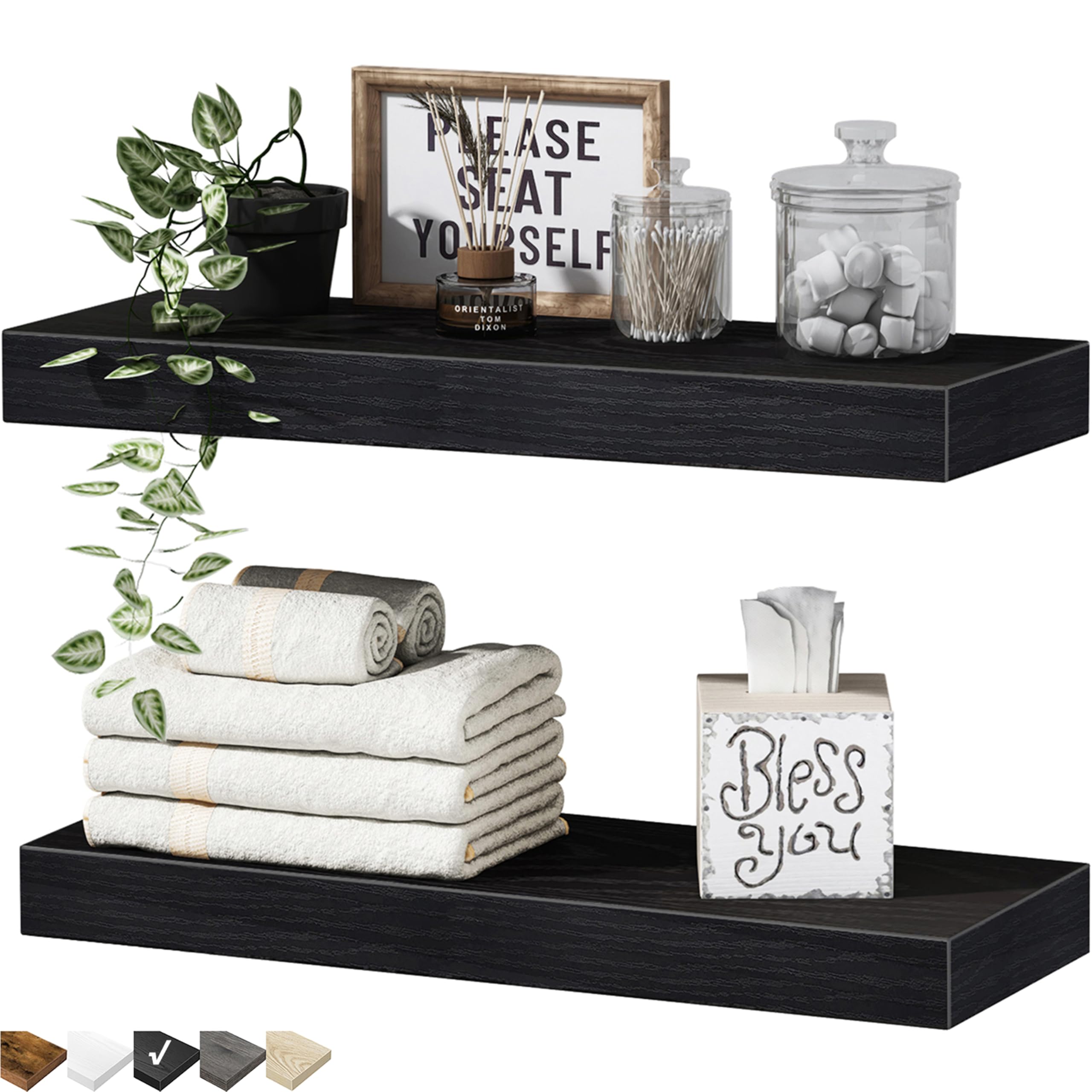 QEEIG Bathroom Floating Shelves for Wall - 15.7" Wall Mounted Shelf Over Toilet Farmhouse Home Decor Display Bookshelf Small 15.7 x 6.7 inch Set of 2, Black (008-40B)