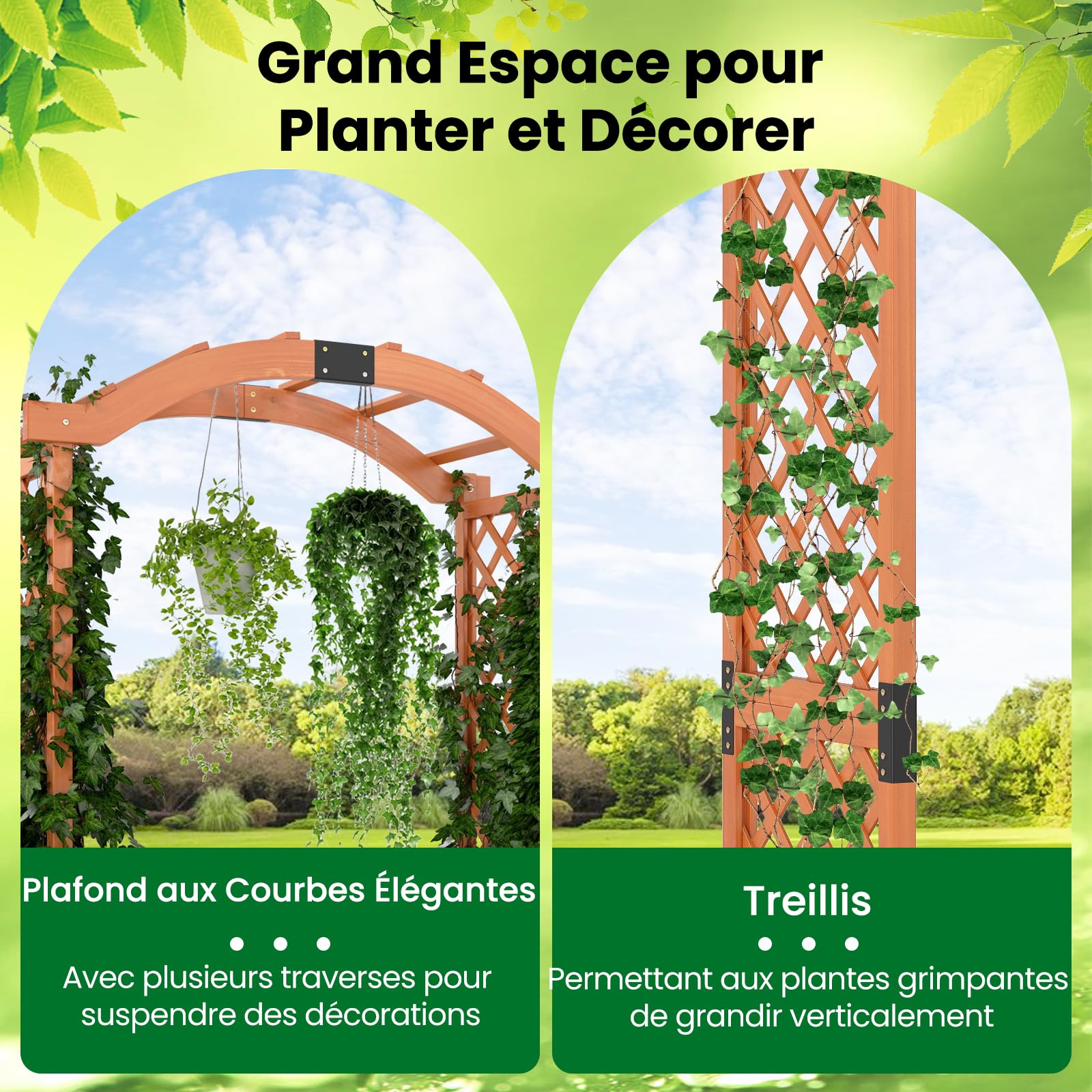 GOPLUS Arche de Jardin avec 2 Jardinières Surélevées 200CM,Jardinières avec Treillis Arqué pour Plantes Grimpantes Fleurs Herbes Légumes Fruits en Bois Massif, Porte Allée Jardin