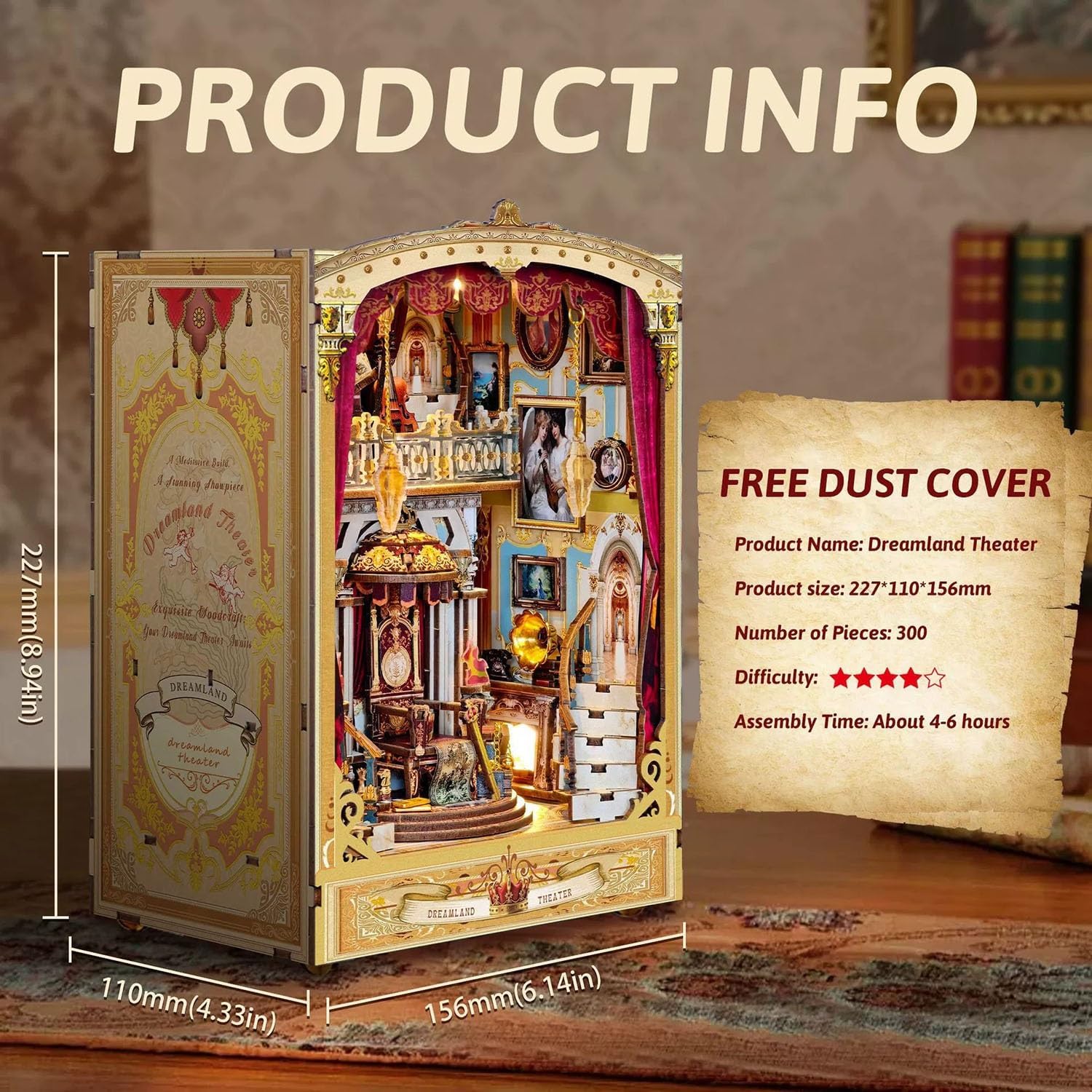 Book Nook Kit,DIY Dreamland Theater Book Nook for Multi-Level Touch Book Nook with LED Light Classical Opera House Miniature Diorama with Rotating Stage & Music Feature