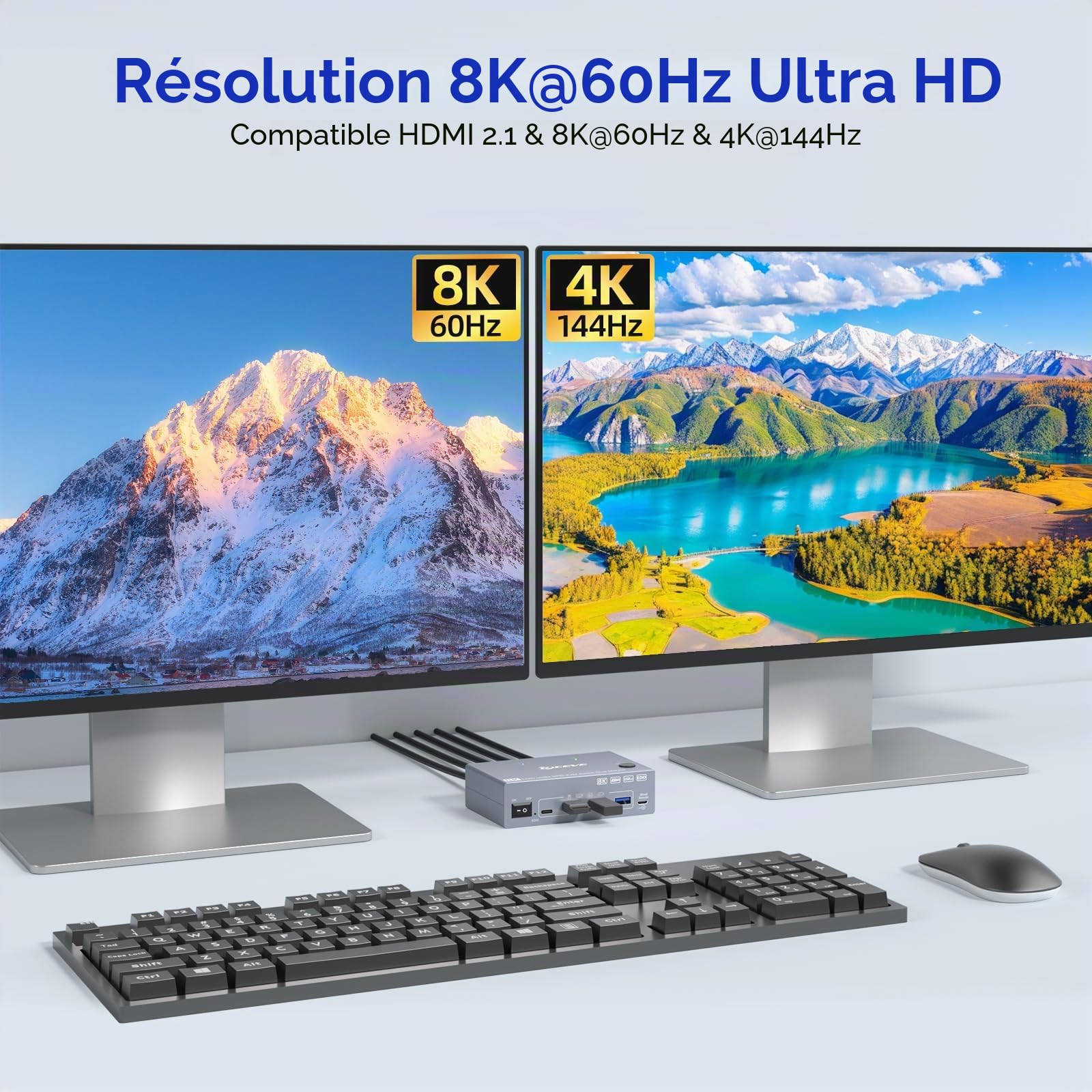 USB 3.0 HDMI KVM Switch 2 PC 2 Moniteur mit EDID, 8K@60Hz & 4K@144Hz, Dual Monitor KVM Switch Partage 4 USB 3.0 Ports Souris, Clavier, Wired Remote(8K HD 2 in 2 out KVM)