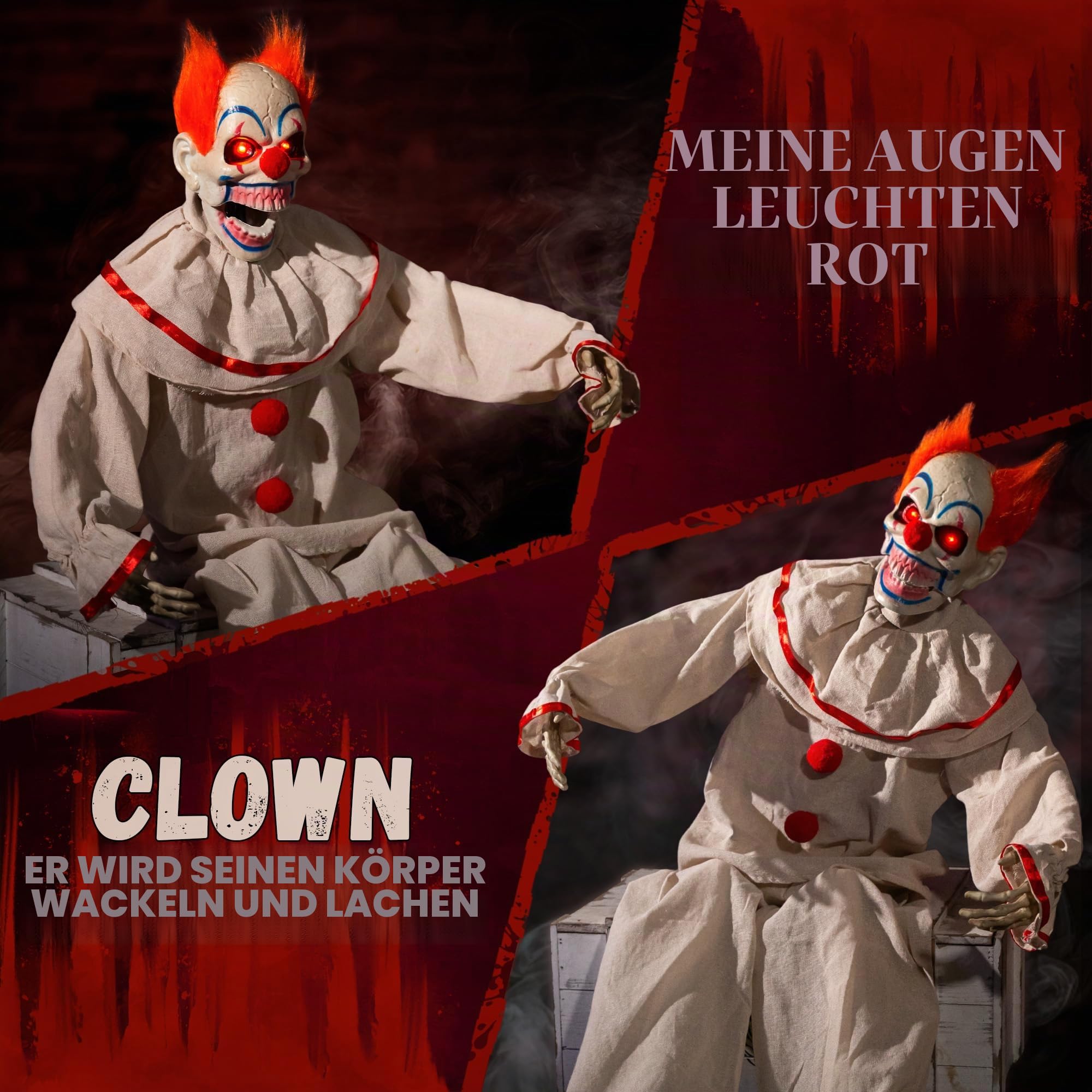 ELAMAS Animatronic sitzender Clown Halloween animierte Dekorationen - Sound aktiviert mit gruseligem Klang, leuchtende Augen, spukhafte Bewegung, Gruseldeko für Spukhaus und Horror-Requisiten