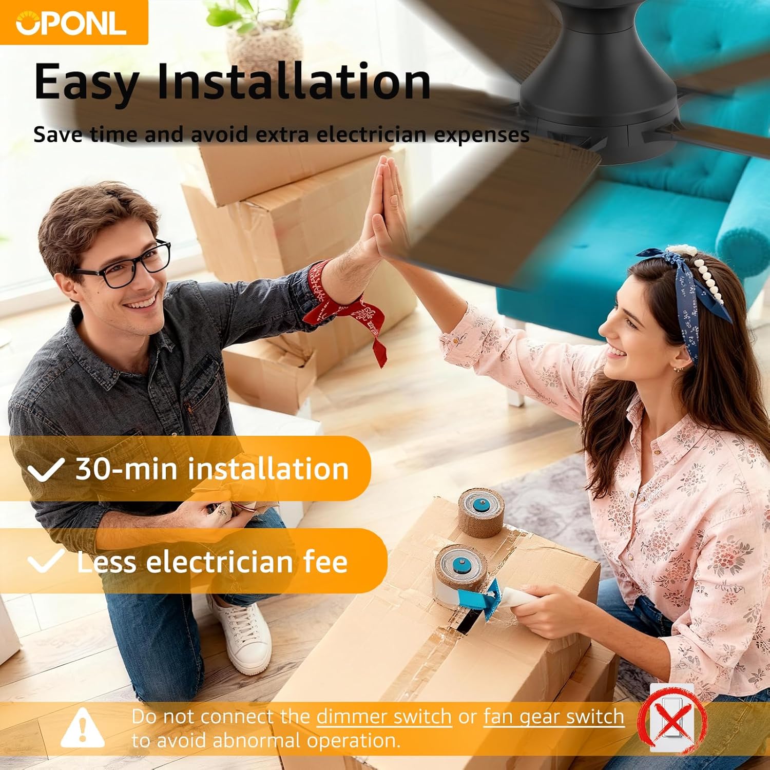 OPONL 52 Inch Ceiling Fans with Light, Black Ceiling Fan with Light and Remote Control, Dimmable LED, Noiseless DC Reversible Motor, Flush Mount, Low Profile Ceiling Fans for Indoor/Outdoor Use