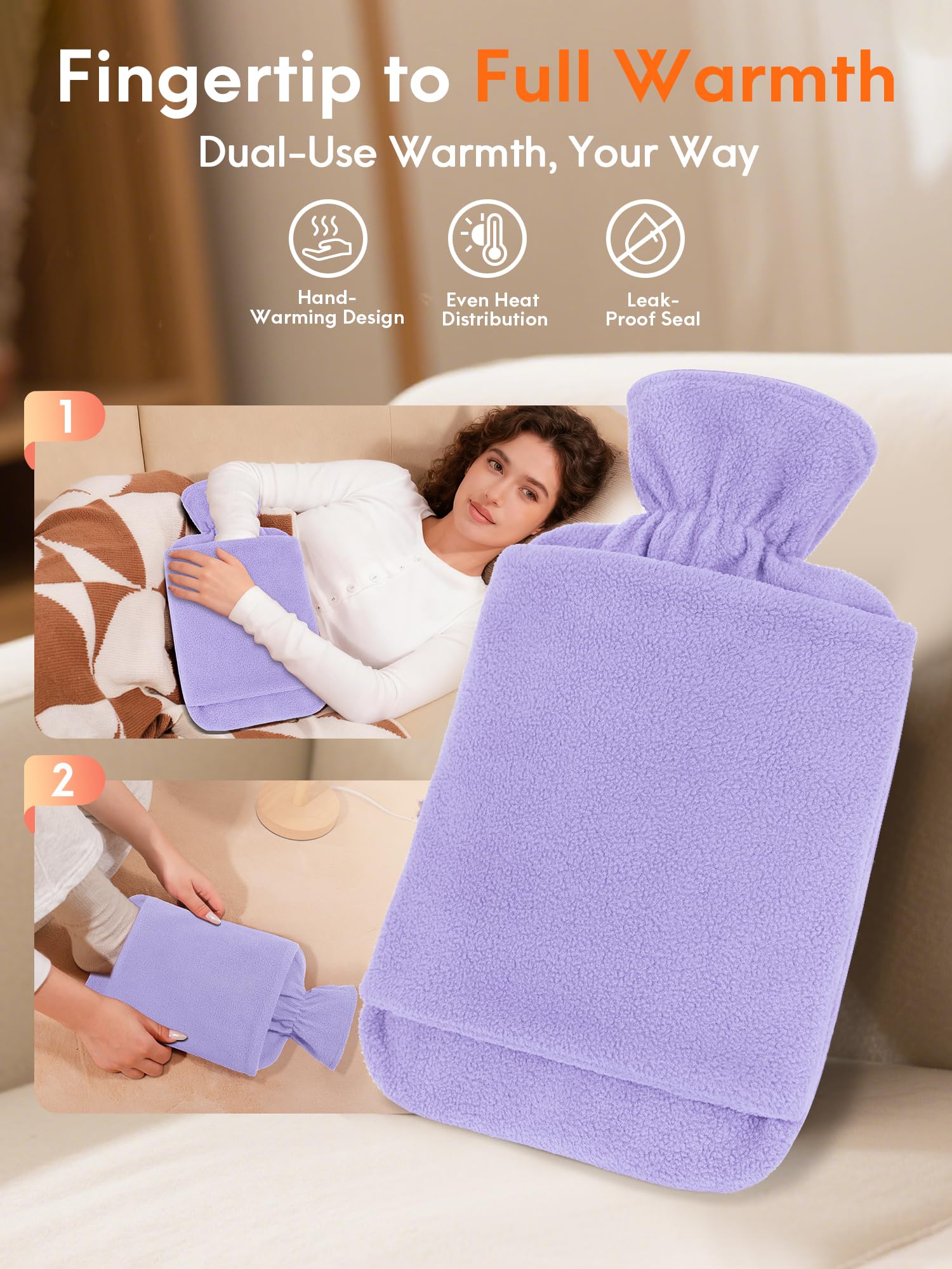 Bolsa de Agua Caliente con Funda Polar - Botella de Agua Caliente Grande de 2L Anti Fuga - Bolsa de Agua Caliente Suave con Funda de Canguro (Morado)
