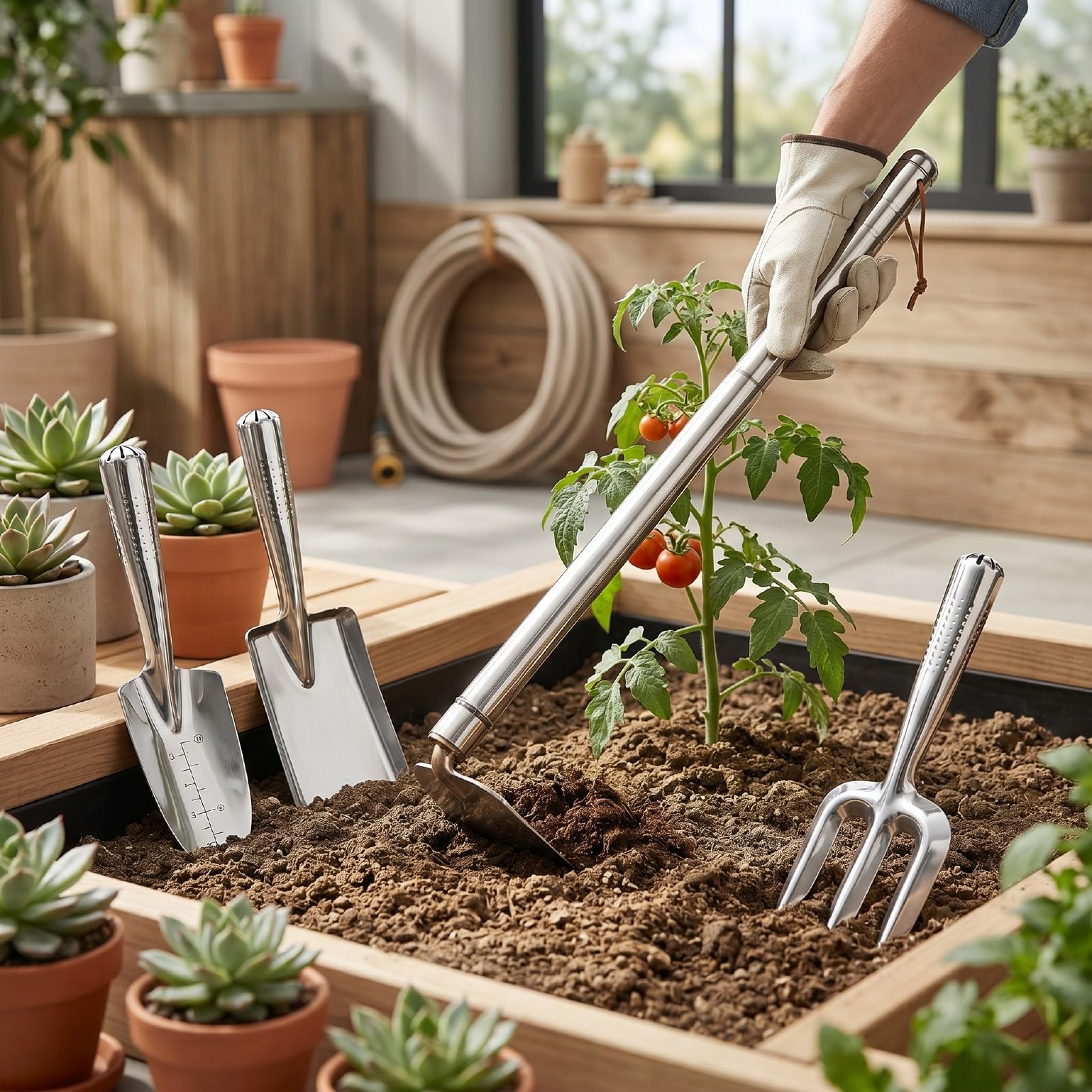 Garosa Set di 4 Attrezzi da Giardino in Acciaio Inossidabile con Manici Ergonomici Antiscivolo per Scavare, Diserbare, Piantare, Coltivare