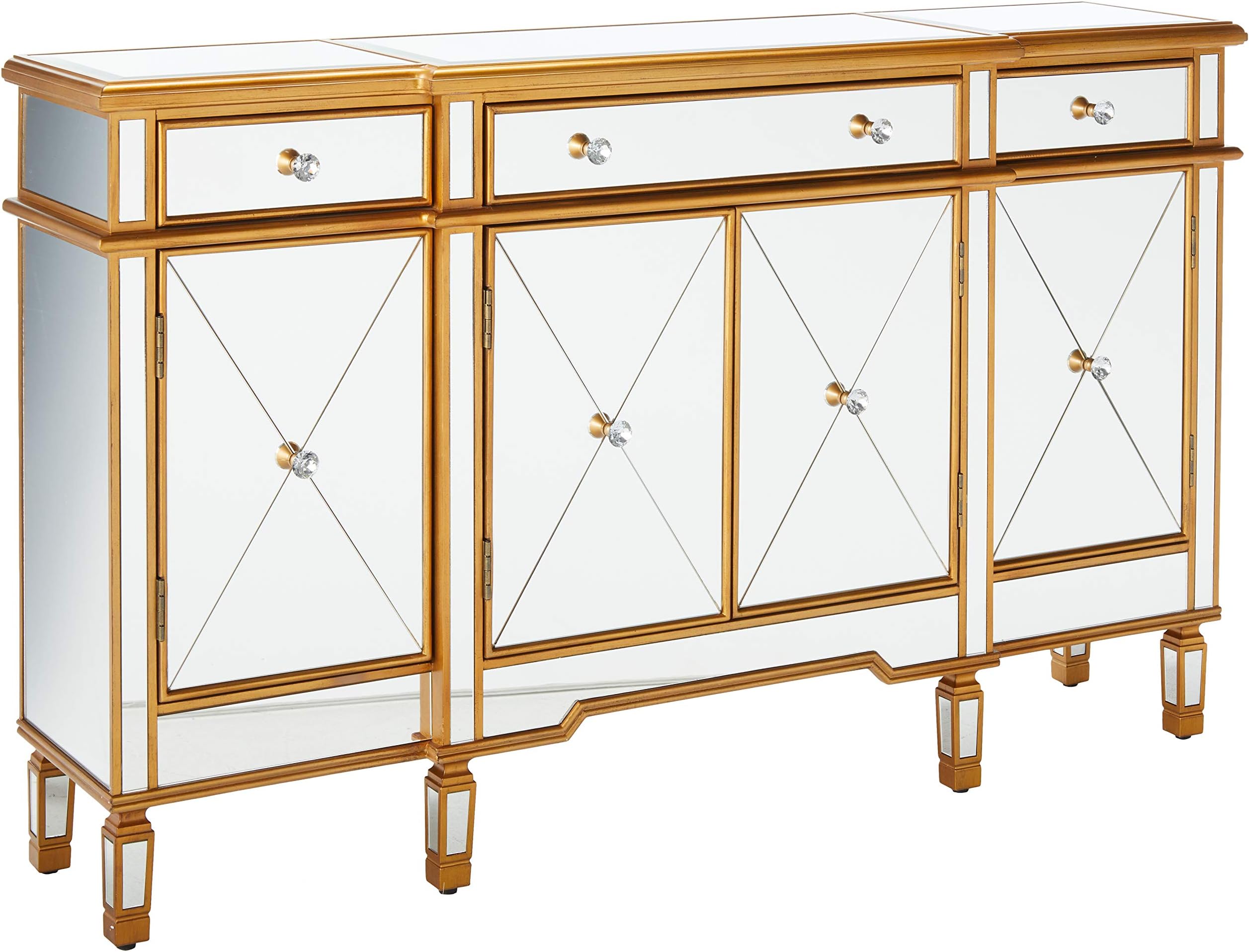 Powell Furniture 3-Drawers 4-Doors Gold and Mirror Console, Red