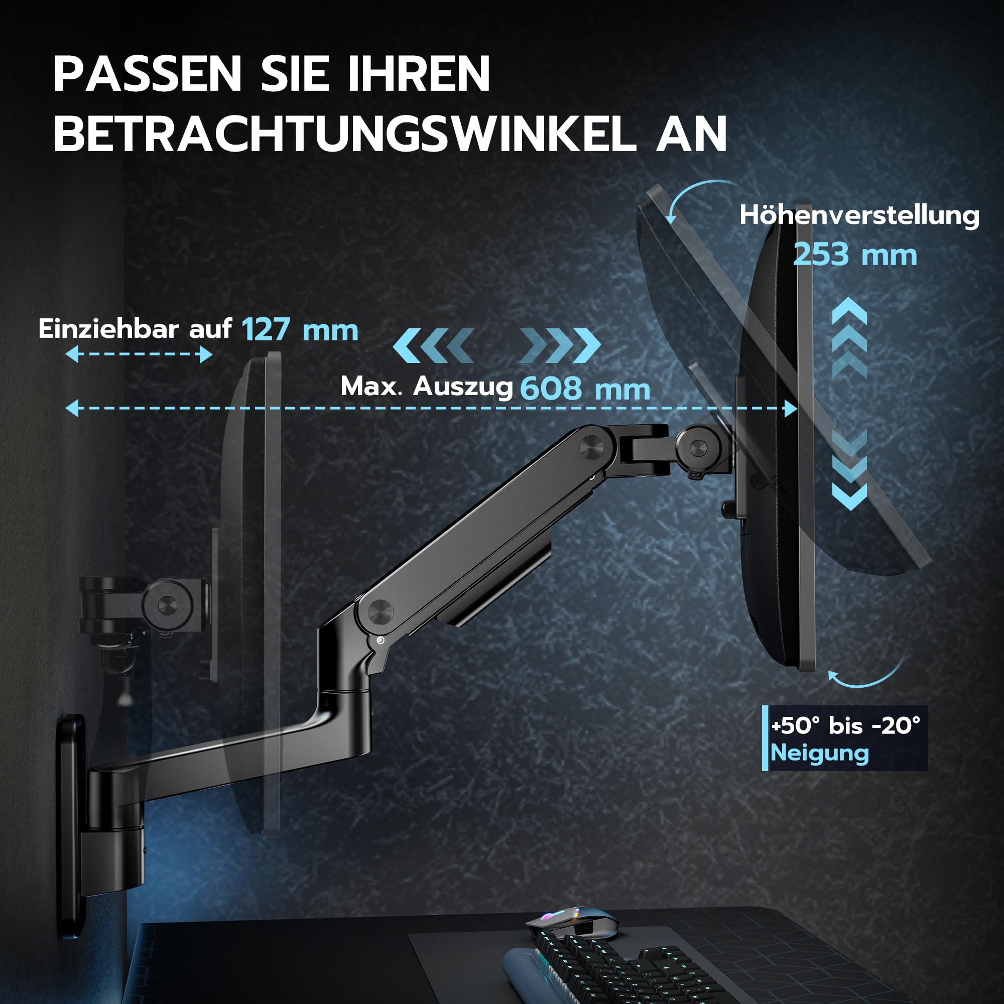 ARES WING Monitor Wandhalterung 1 Monitore für 17-49" Bildschirme, Schwarz | 20kg/Arm, Gasdruckfeder PC Monitor Hatlerung Wand,voll verstellbare Monitor Halterung für Büro&Gaming,VESA 75/100