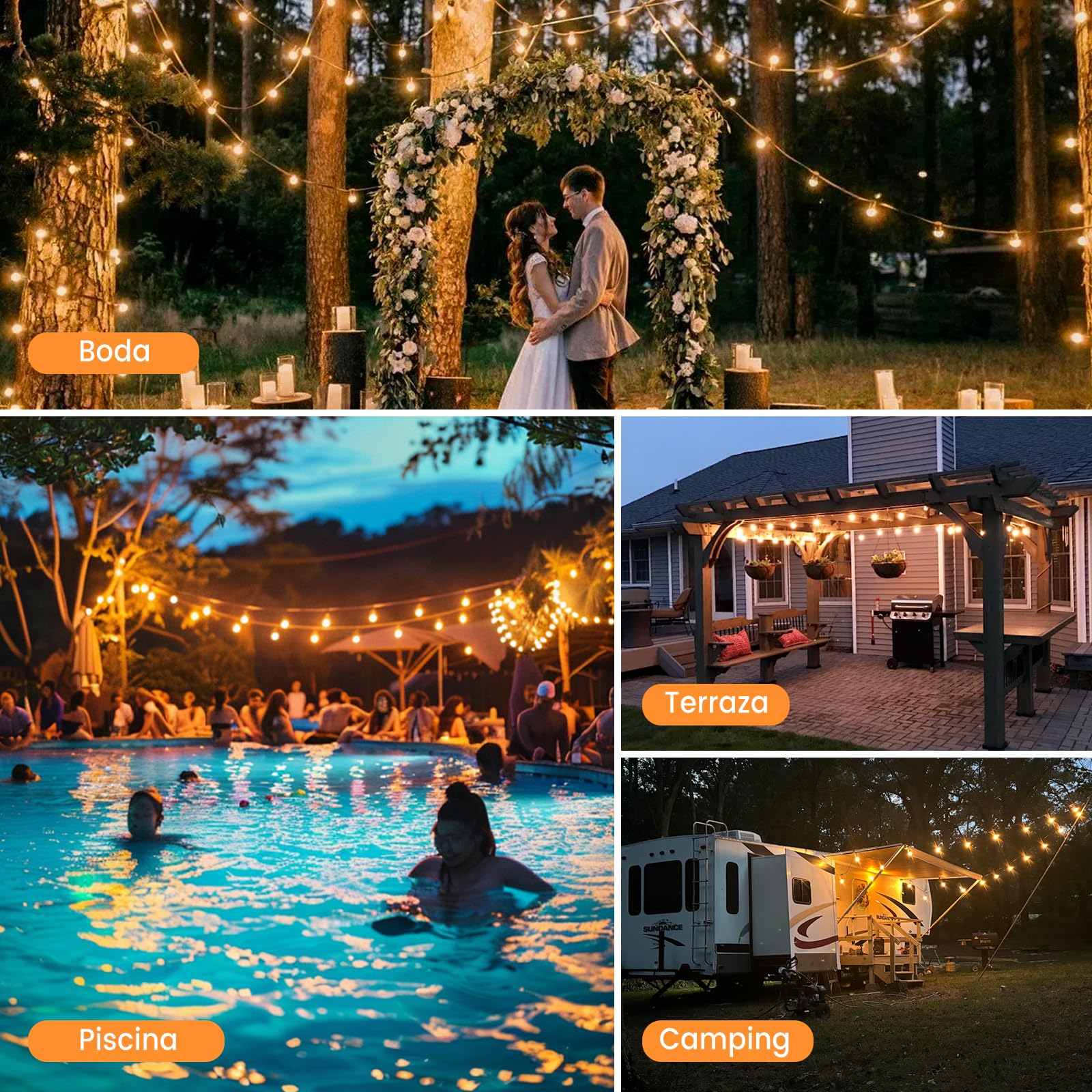 Guirnalda-Luces-Exterior-Jardín-Led 45M G40 Bombillas 50ft con 75+3 Bombillas Luz Exteriores Guirnaldas Dimmable IP45 Impermeable Conectable Terraza Iluminacion Exteriors Lampadas para Navidad Fiesta
