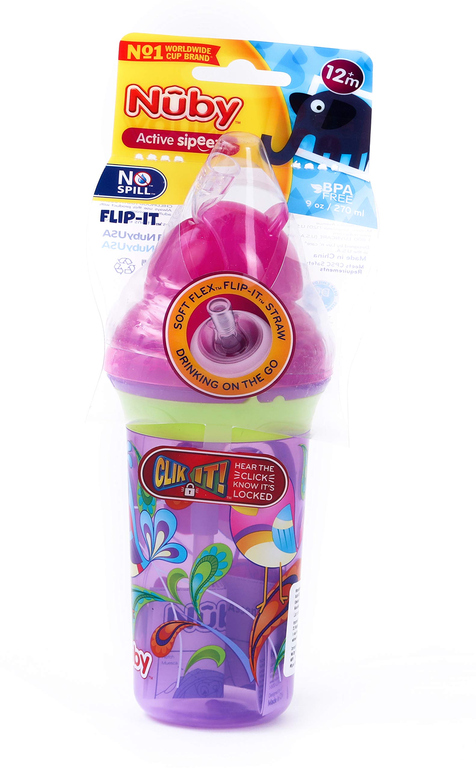 Nuby Click-It Printed Series Straw Active Sipeez Flip-It 270ml (Purple)