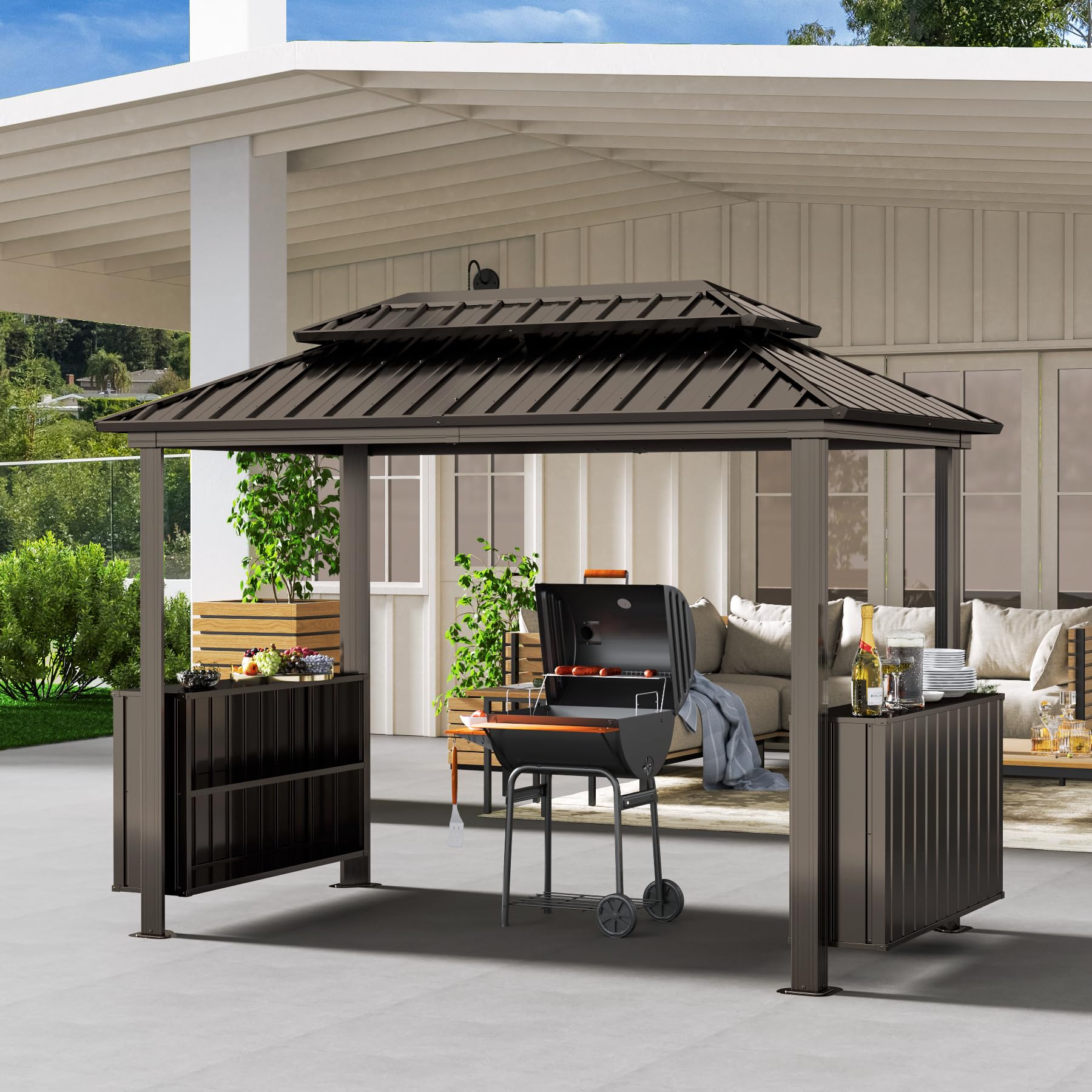 Domi 6x10FT Hardtop Grill Gazebo, BBQ Gazebo with Double Galvanized Steel Roof, 2 Storage Cabinets and Ceiling Hooks, Outdoor Grill Shelter for