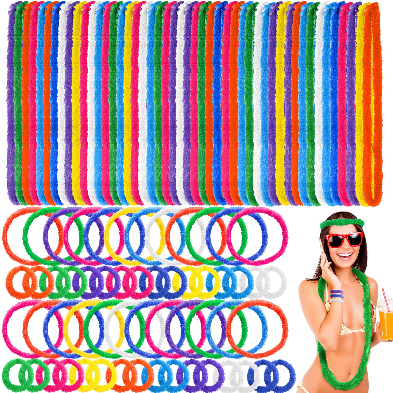 Giegxin 140 Pcs Hawaiian Leis Bulk Tropical Luau Party Supplies, 80 Hawaiian Plastic Leis Necklace 20 Headbands 20 Pairs Wristbands for Adults Summer Beach Pool Birthday Party Favors, 8 Colors