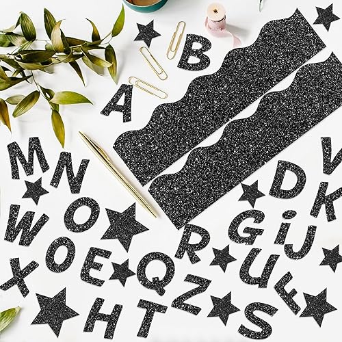 Miniatura 4 de Containlol Juego de 188 piezas de tablero de anuncios con purpurina negra, póster con recorte de estrella, borde festoneado de 59 pies, letras del