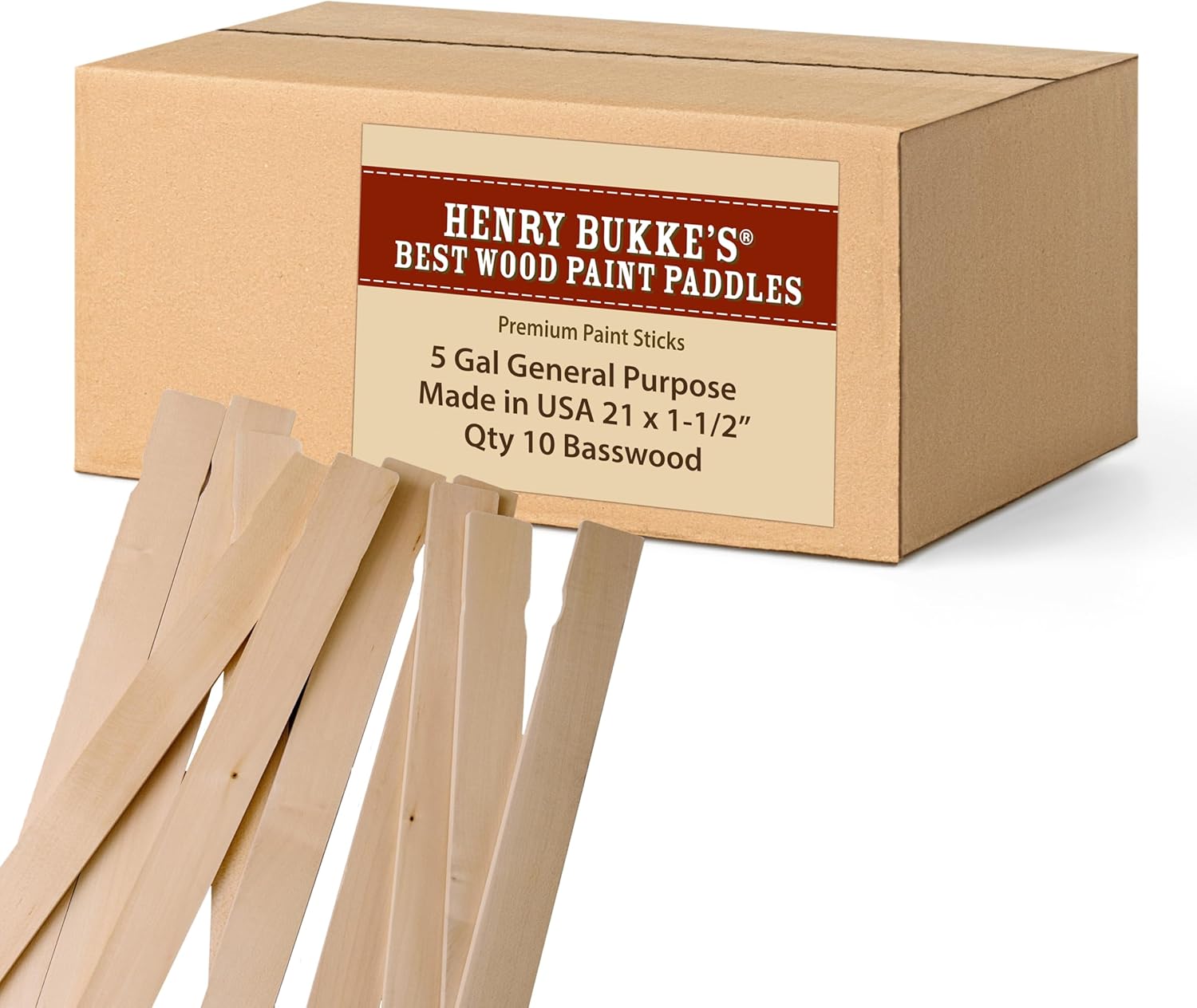 Henry Bukke's Best American-Made Basswood Paint Stir Sticks, 10 Count, 21" x 1-1/2" x 1/4", Professional-Grade Mixing Paddles for 5-Gallon Buckets, Industrial Use, Art & Craft Projects