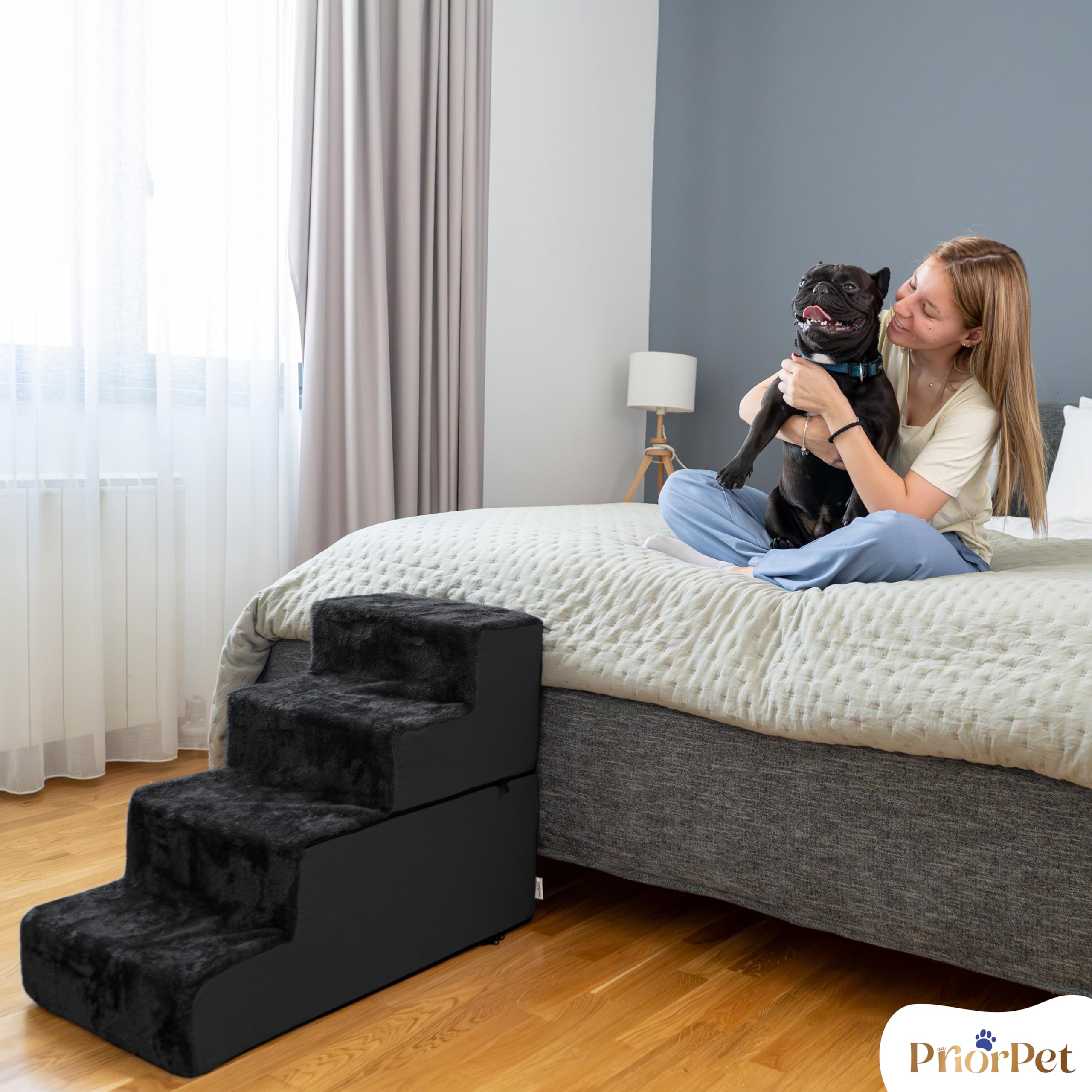 Scala per cani per letto e divano – 4 gradini altezza 58 cm – Schiuma per cani di piccola taglia – Scala per animali domestici sicura e stabile – Rivestimento rimovibile lavabile – Nero