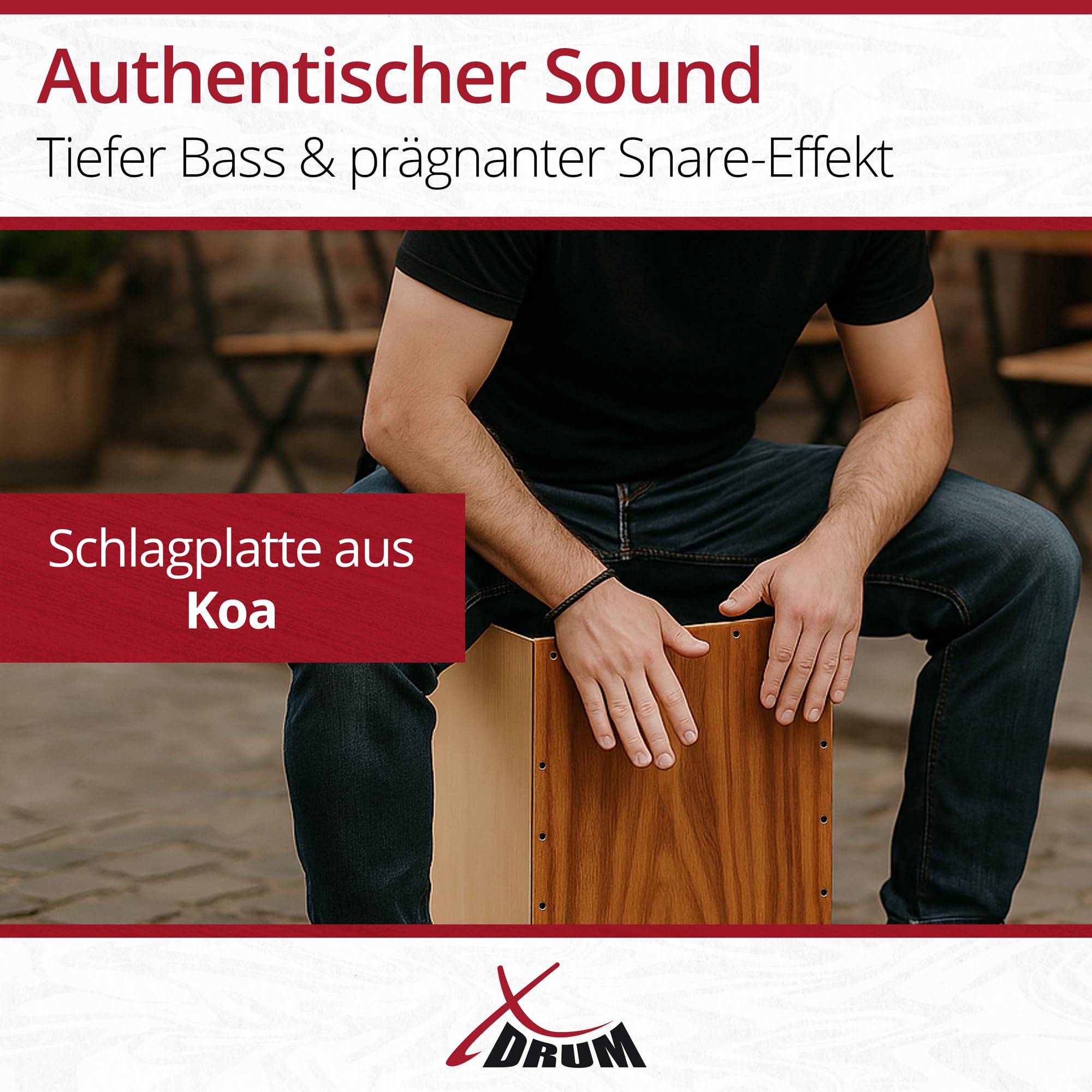 XDrum Cajon Peruana Koa (3 mm Schlagplatte, 9 mm Birkenkorpus, 48 cm hoch, inkl. Rucksack-Tasche)