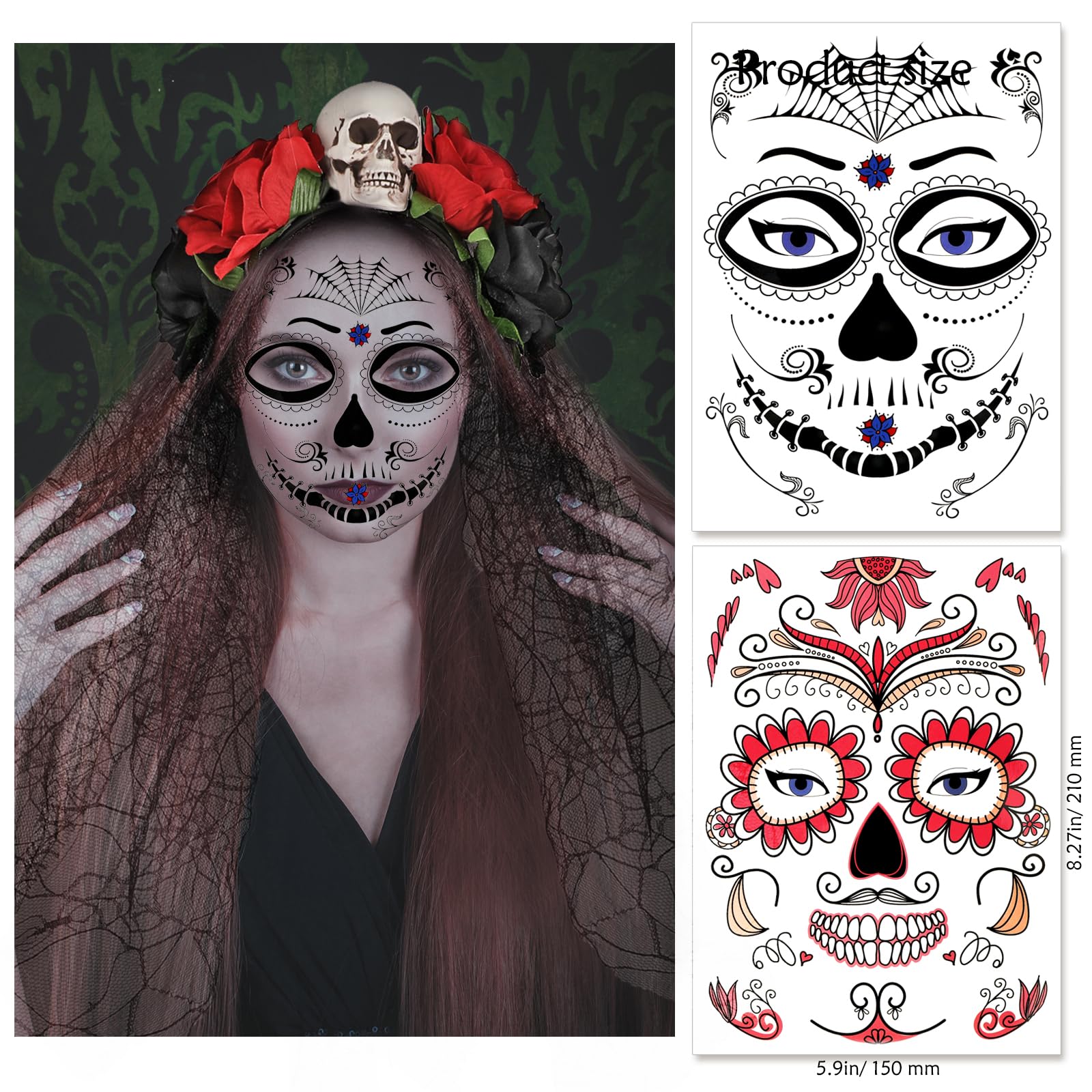 HOWAF Day Of The Dead Headband Veil Rose Floral Crown Mexican Headband - Image 3