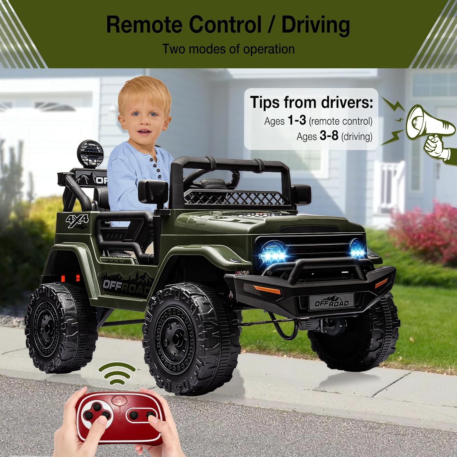 Hetoy 12V Electric Ride-On Truck with remote control and child driving