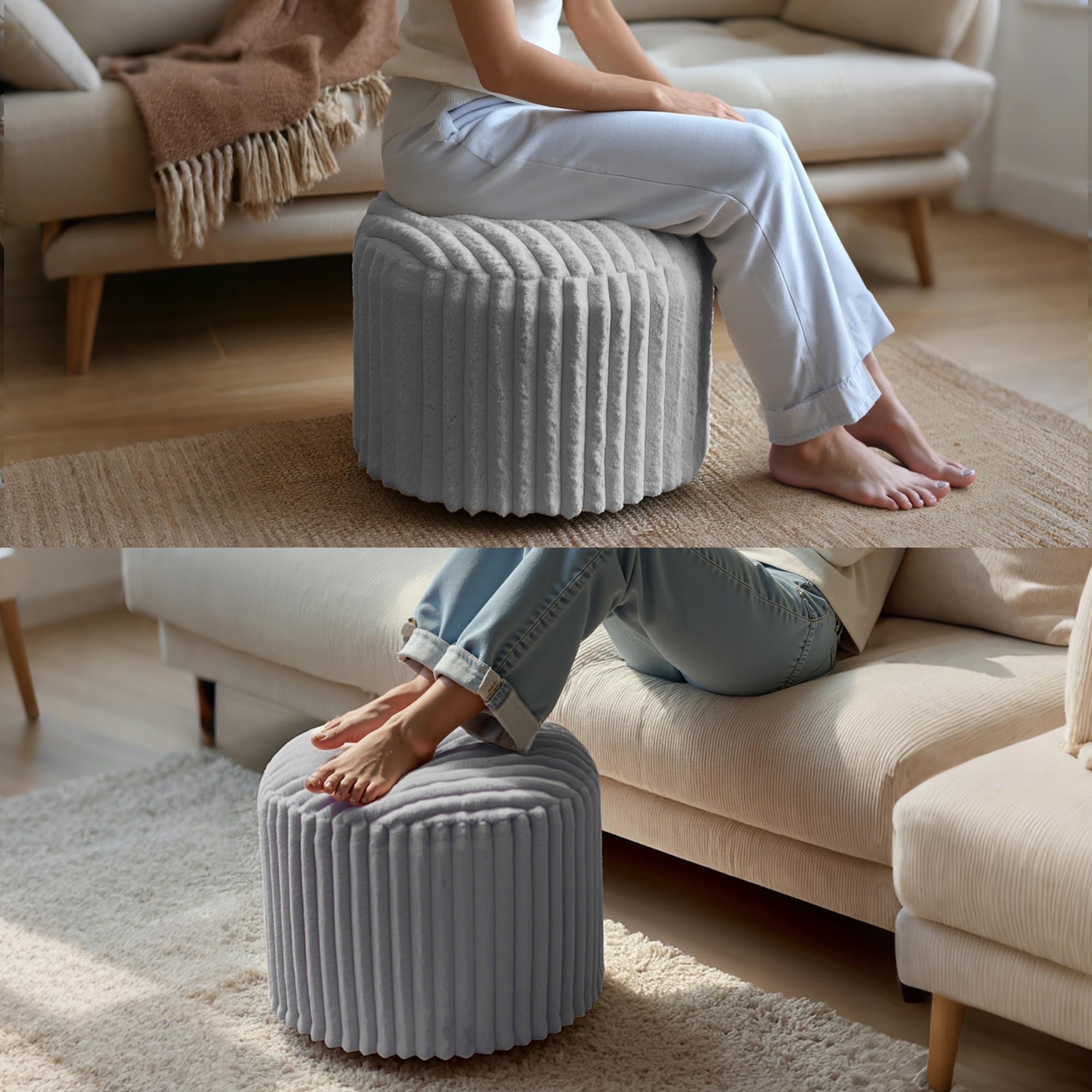 Pouf Rond, Tabouret Repose-Pieds en Mousse Mémoire - Housse en Fausse Fourrure Douce, Pouf Canapé Tabouret, Multifonction pour Salon, Bureau, Chambre, 38x50x50 cm, Gris