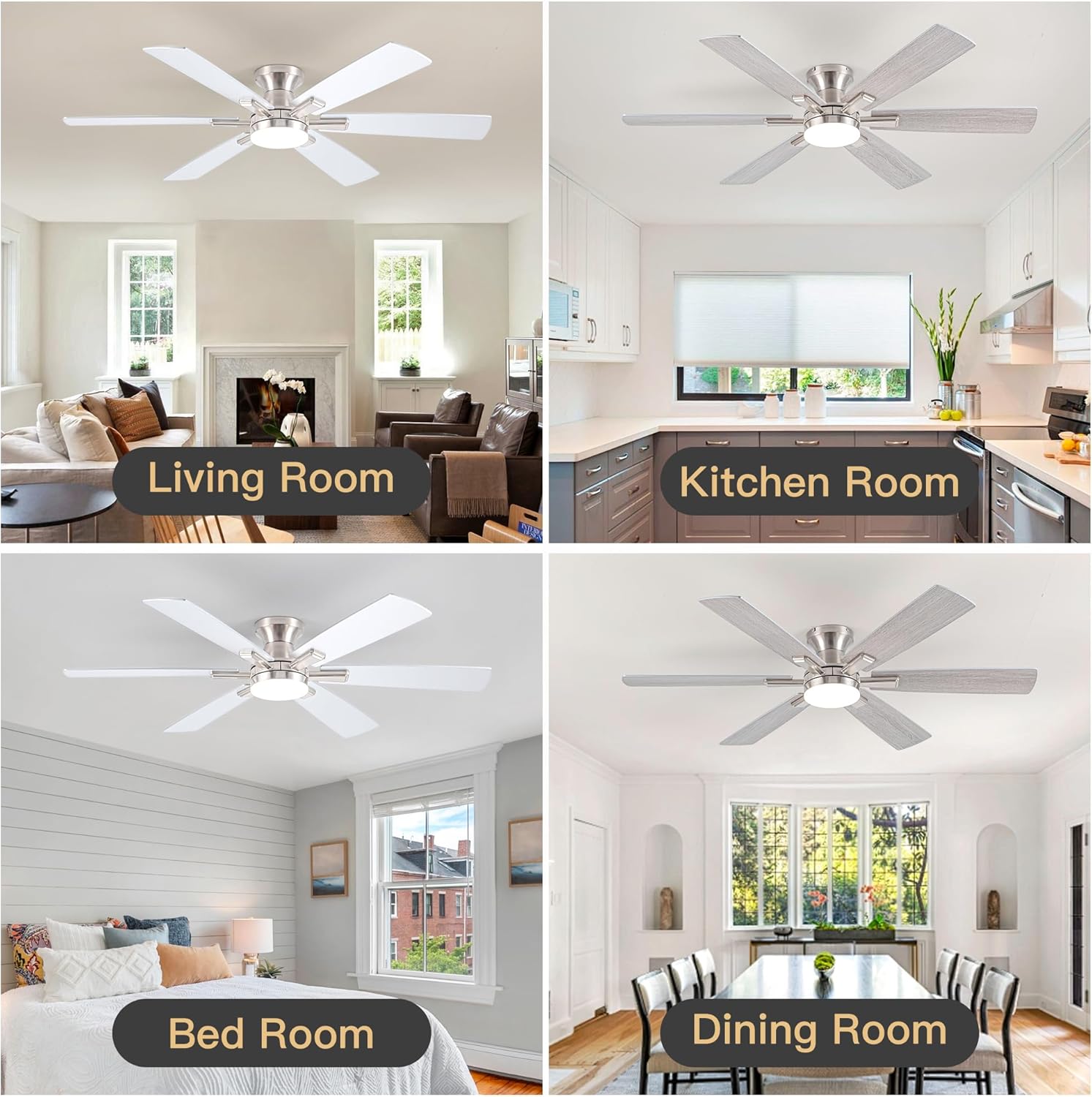 Ceiling Fans with Lights and Remote Control, Brushed Nickel Flush Mount Ceiling Fan with Light 3-Color Dimmable, Memory for Lighting and Fan Reversible, 6-Speed, Timer, Indoor/Outdoor Use, 52 Inch - Image 6