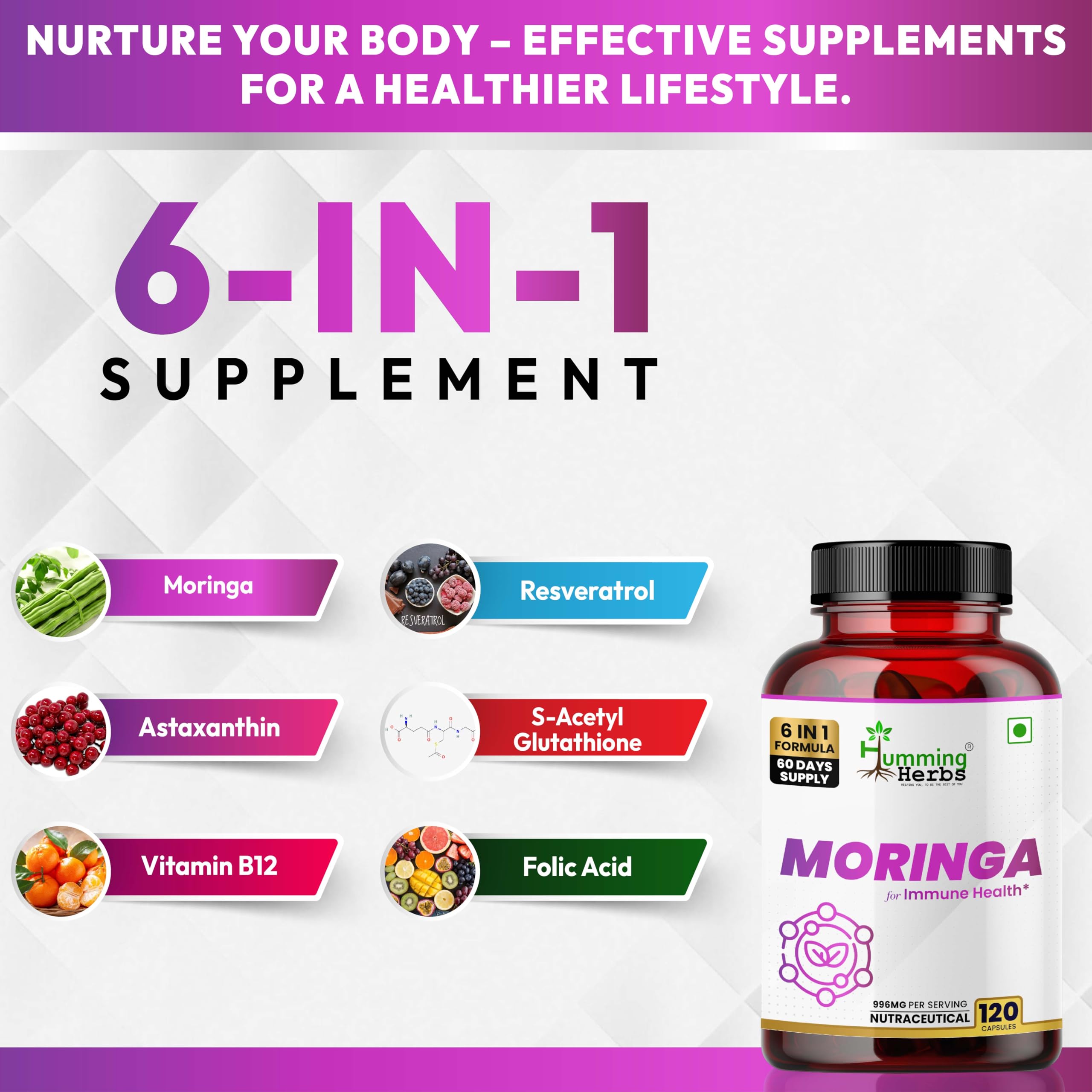Humming Herbs Moringa with Resveratrol, Astaxanthin, Glutathione, Vitamin C & Folic Acid | 996mg 6-in-1 Immune & Antioxidant Support | 120 Capsules | 60 Days Supply | Herbal Supplement — Amazon image 7