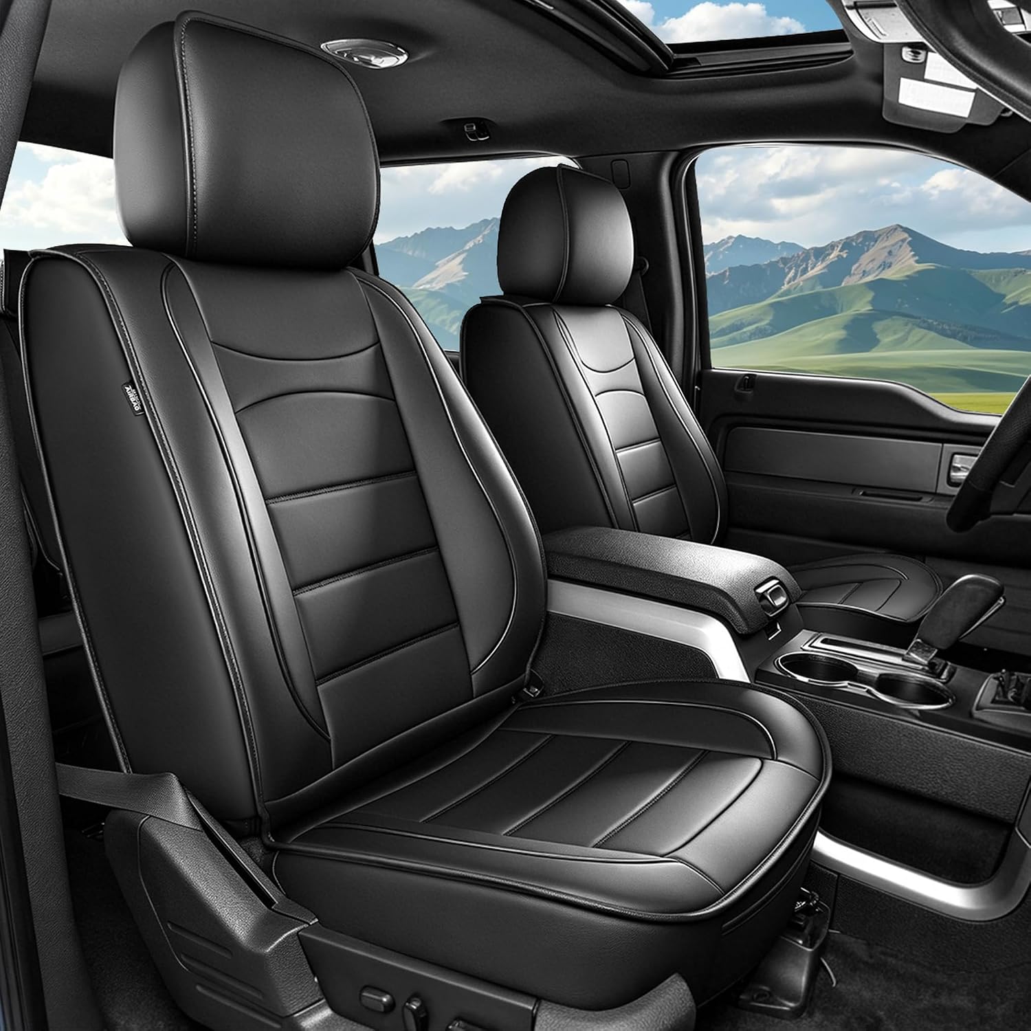 IKABEVEM Faux Leather Full-Set Seat Covers for Ford F-150/F-250/F-350/F-450 (5 Seats Blackline)