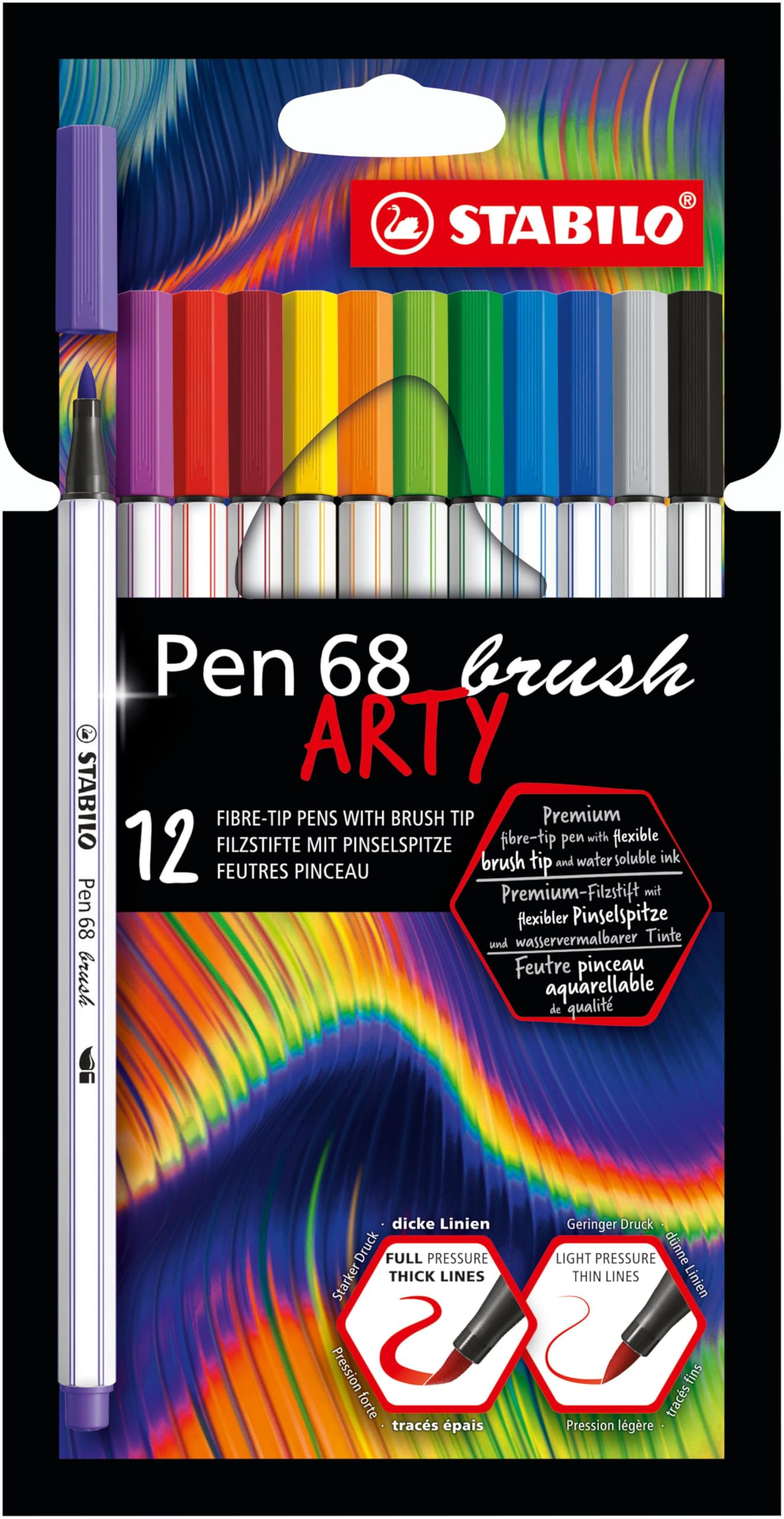 STABILO Pen 68 brush - Premium Fibre-Tip Pen with Brush Tip - ARTY - Pack of 12 - Assorted Colours