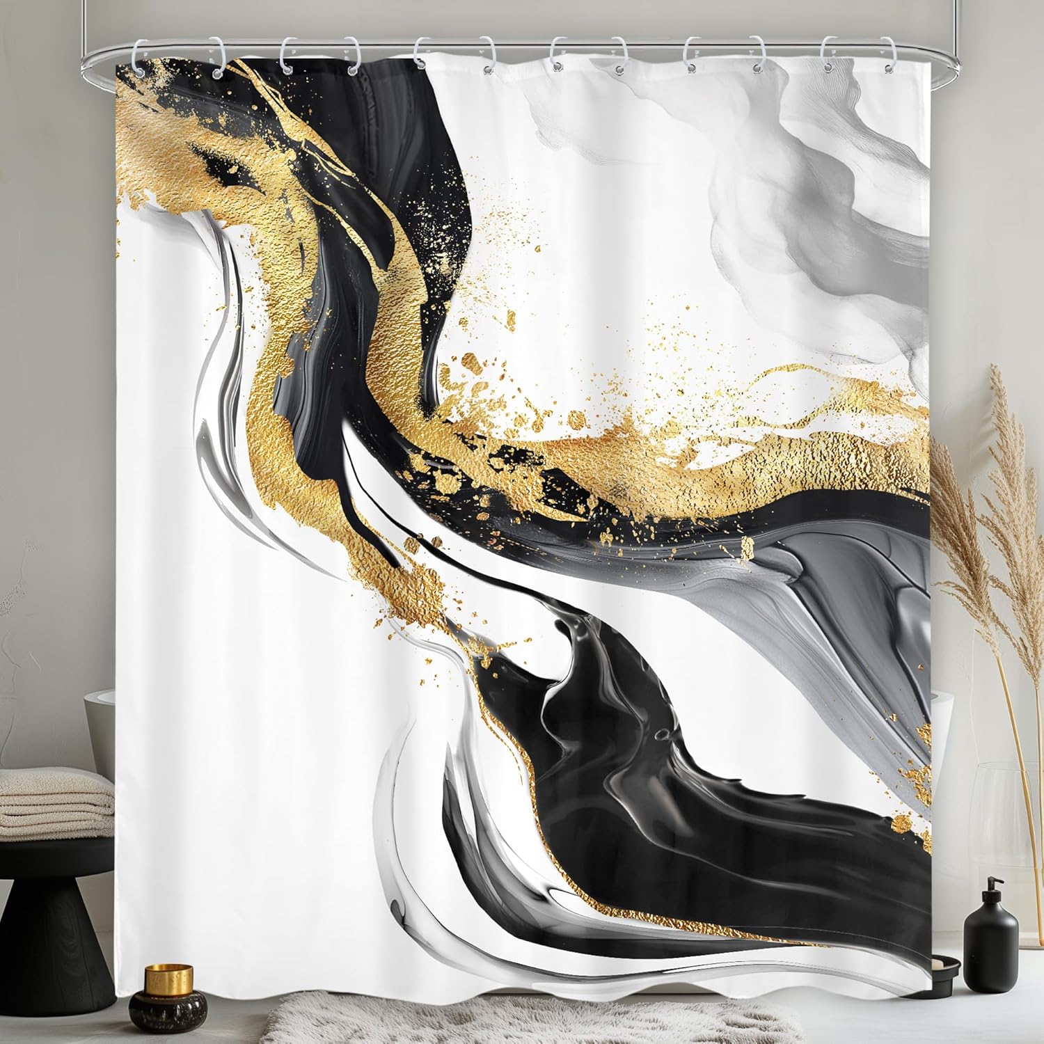 Omifly Black White Gold Marble Shower Curtain 60Wx72L Inch Abstract Modern Luxury Ink Texture Minimalist Gray Ombre Aesthetic Fluid with 12 Plastic Hooks Fabric Waterproof Toilet Accessories Decor