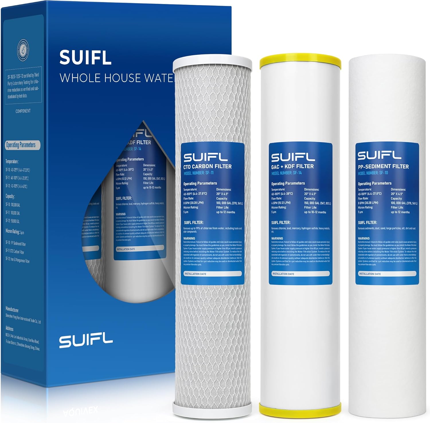 4.5 * 20” 3 Stage Whole House Water Filter Set, Compatible with SimPure DB20P-3, iSpring WGB32B-KS, F3WGB32BKS, HQUA WF3-01, Express Water FLTWH2045CGS1, Pack with PP, GAC and CTO Filter, 1 Set