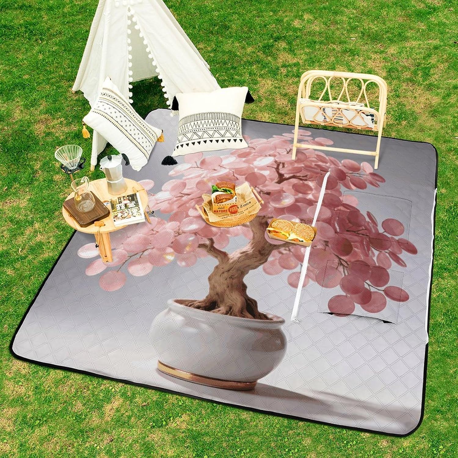 Pink Fortune Tree Picnic Blanket with Zipper Water Resistant Sand Free Picnic Mat Washable Foldable Easy Carry Beach Blanket for Lawn Beach Hiking Camping