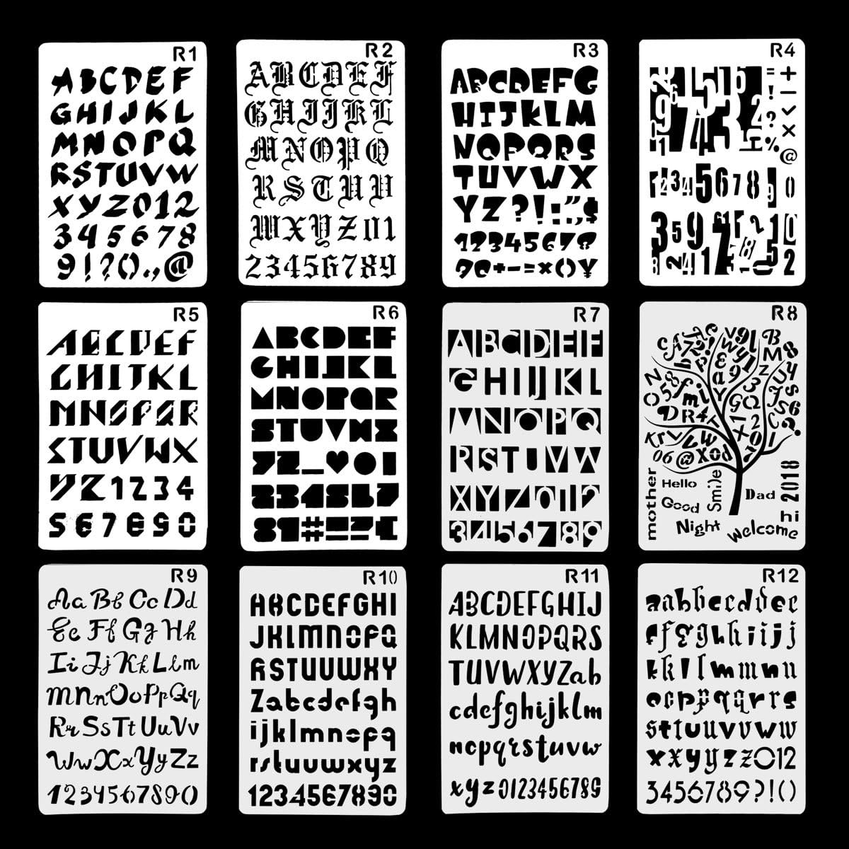 12 Pack Plastic Letters Number Alphabet Stencil Template , Perfect for Planner/Notebook/Diary/Scrapbook/Graffiti/Card, Christmas Gift