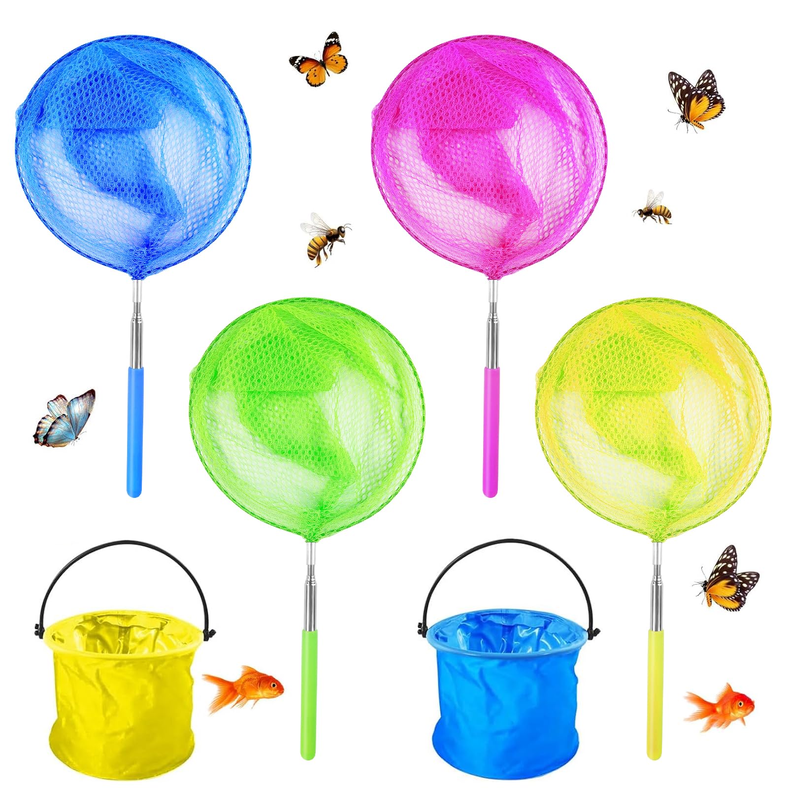 Realure 4 Pcs/4 Colours Extendable Fishing & Butterfly Nets with 2 Foldable Water Buckets Set 38cm to 86cm Insect & Fish Catcher Colorful Telescopic Butterfly Net for Children Kids Beach Ponds Pool