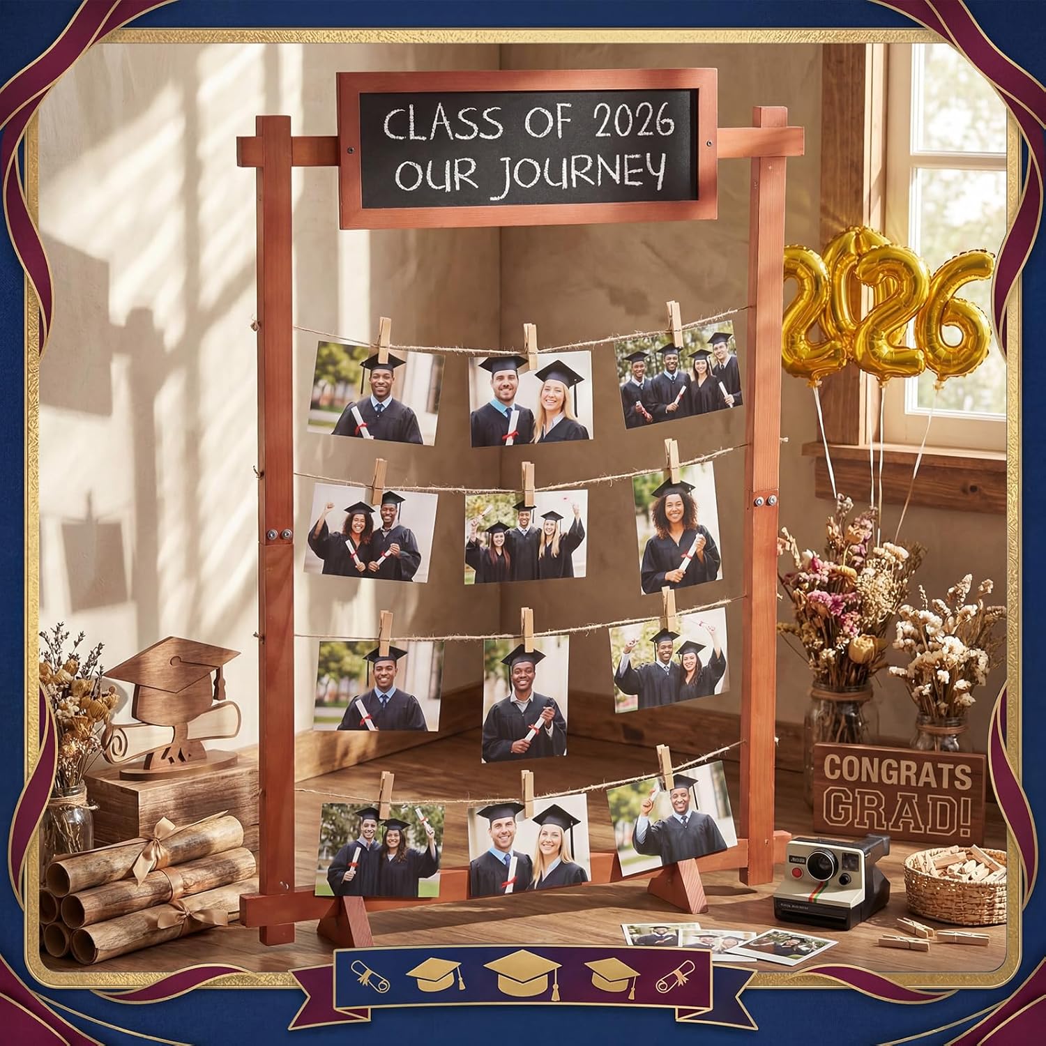 Sliner 27 Pcs Wooden Graduation Picture Display Board Graduation Decorations 32''x 24'' Standing Collage Picture Frame with Clips 2026 Wall Decor Party Supplies for Grad Photo Party Decor Supplies