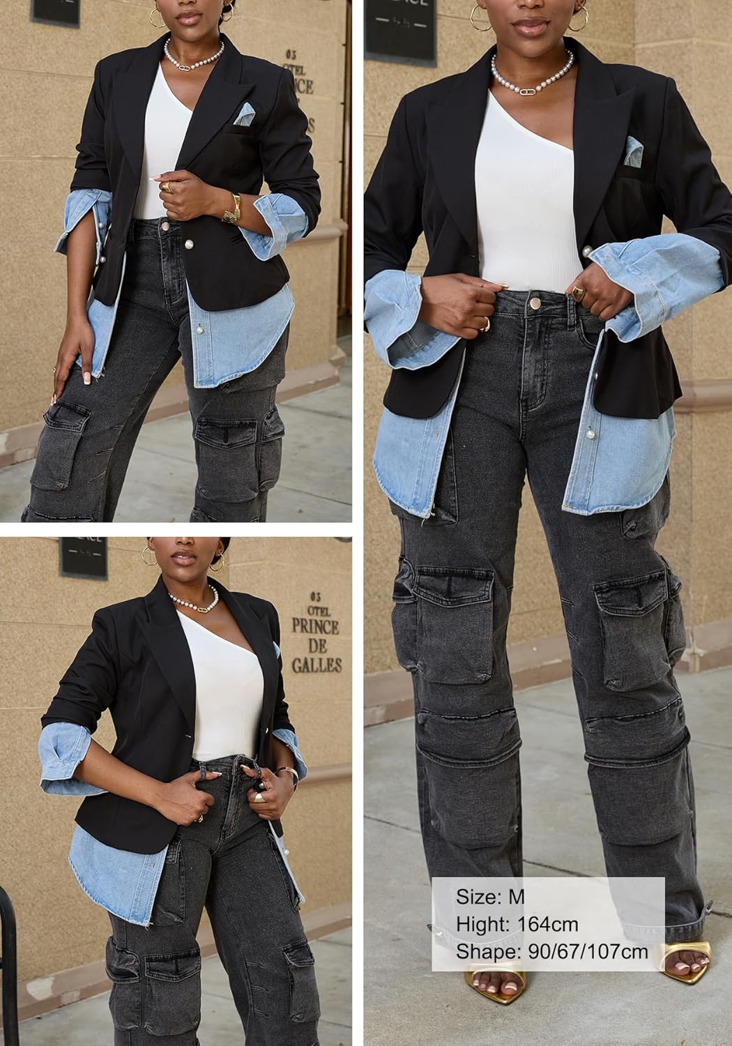 DINGANG Blazer Denim Jacket for Women Office Casual Long Sleeve Open Front Patchwork Jackets Coat - Image 6