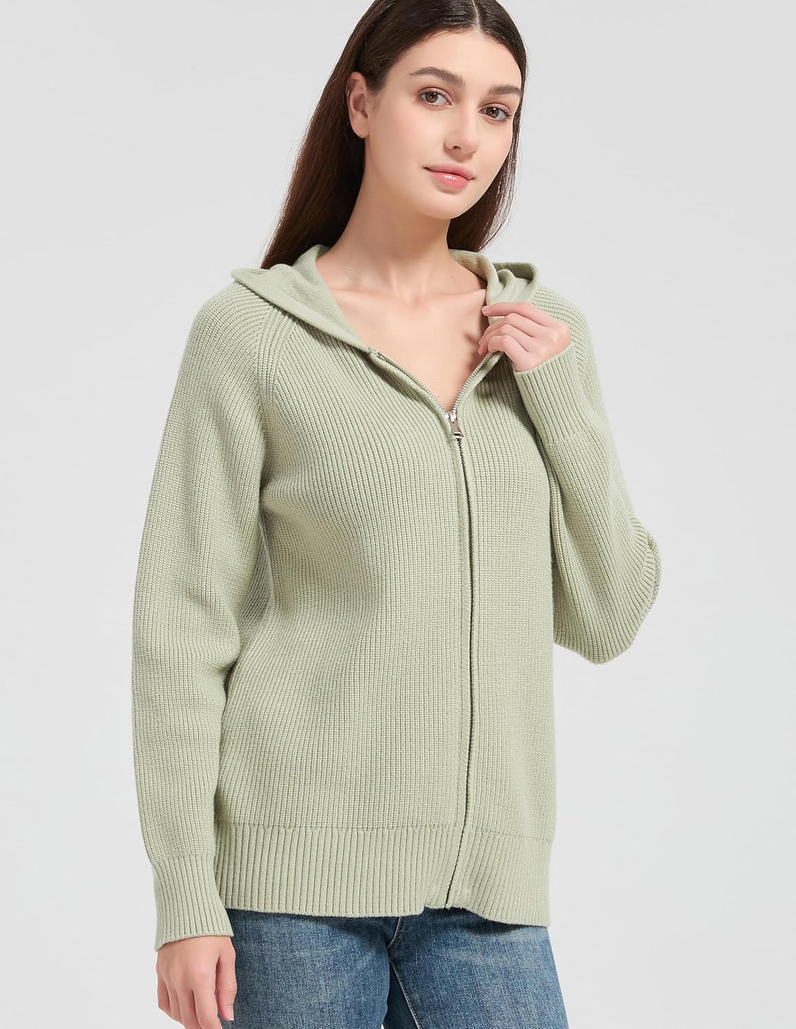 Tronjori Womens Zip up Hooded Cardigan Knitted Hoodies Raglan Sleeve Sweaters Jacket Outerwear Fall Winter - Image 3