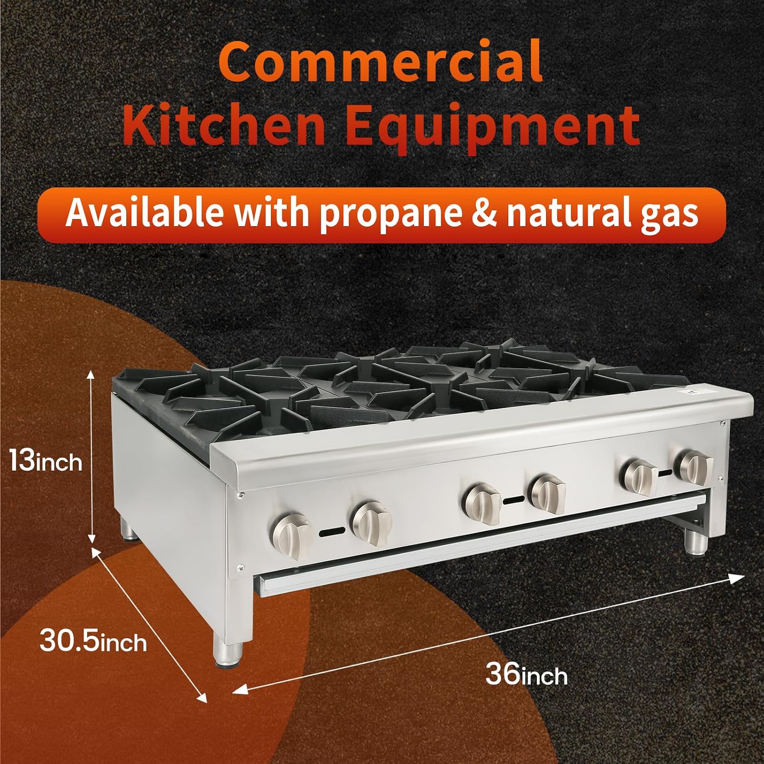 36" Commercial Hot Plate, Heavy Duty 6 Cast Iron Burners Natural and Propane Gas, Stainless Steel Countertop Stove Top Indoor Outdoor Portable Cooking Equipment Restaurant - 168000 BTU